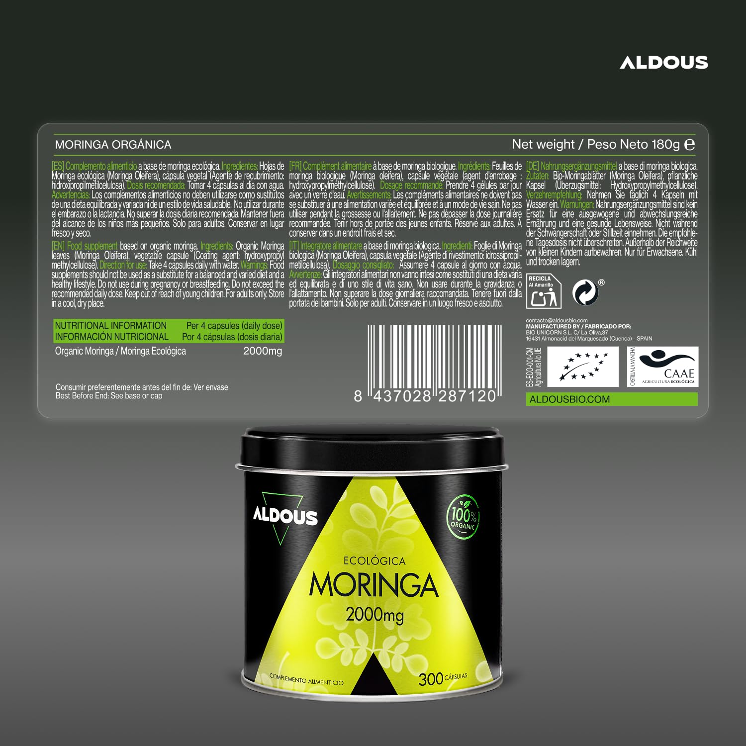 Moringa-Kapseln, Bio-zertifiziert – 300 Kapseln, 2000 mg pro Portion – Superfood reich an Vitaminen, Mineralstoffen und Proteinen – Energie und Wohlbefinden – Bio-Moringa Oleifera – Aldous