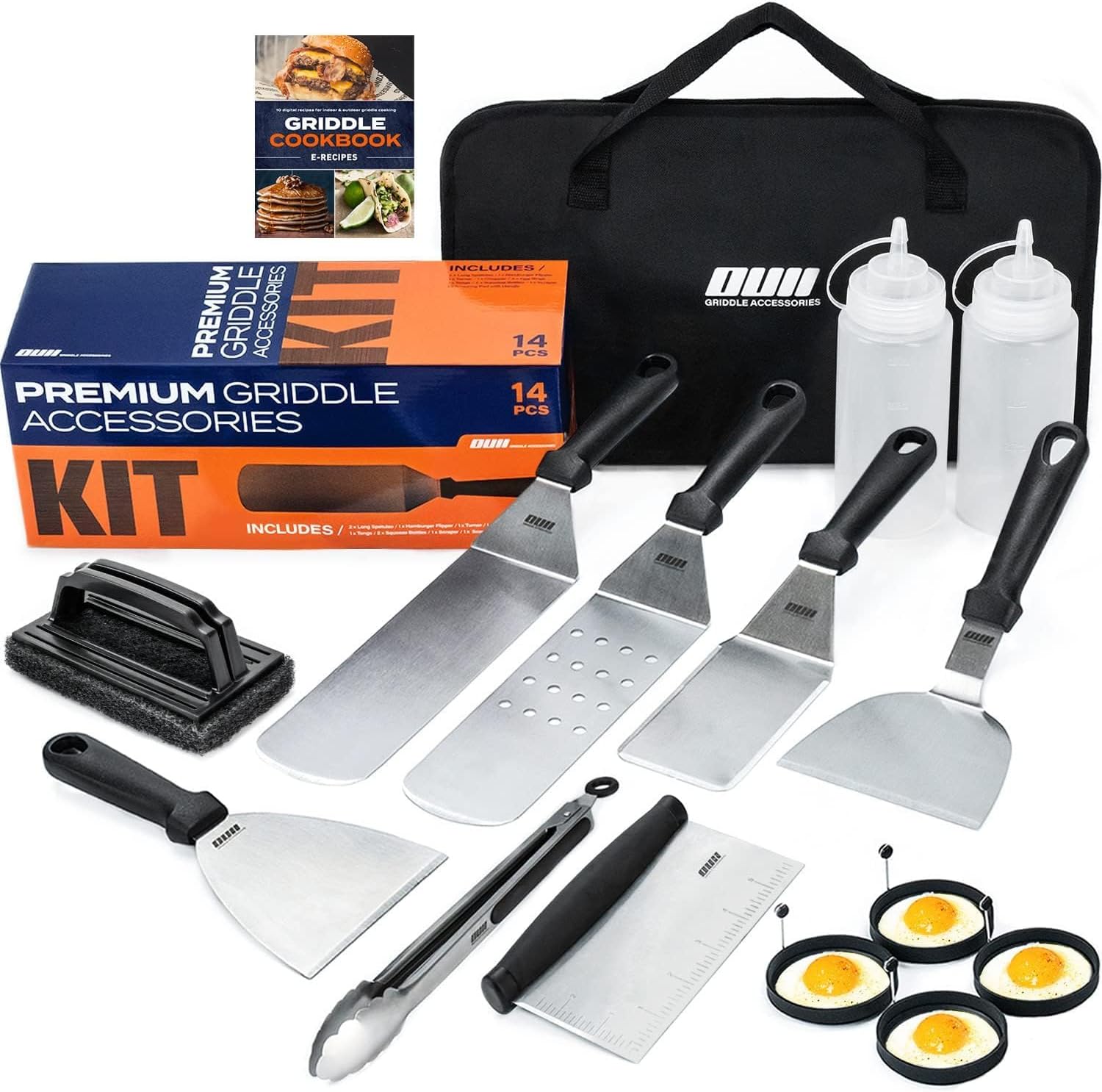 Flat Top Griddle Accessories Set For Blackstone And Camp Chef - 14 Pieces With Cleaning Kit & Carry Bag! Metal Spatula, Scraper, Egg Rings Teppanyaki Gas Grill