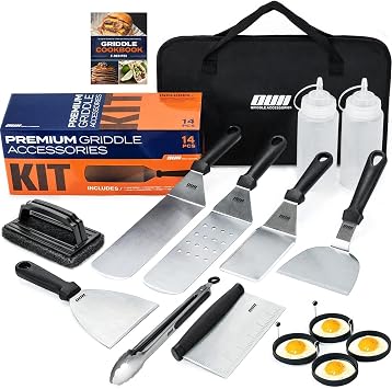 Flat Top Griddle Accessories Set for Blackstone and Camp Chef Griddle - 14 Pieces Set with Griddle Cleaning Kit & Carry Bag! Metal Spatula, Griddle Scraper, Egg Rings for Teppanyaki & Gas Grill