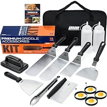 Griddle Accessories Set - Flat Top Grill Accessories 14 Pieces Set with Griddle Cleaning Kit and Carry Bag! Metal Spatula, Griddle Scraper, Egg Rings and More for Gas Griddle and Teppanyaki Grill