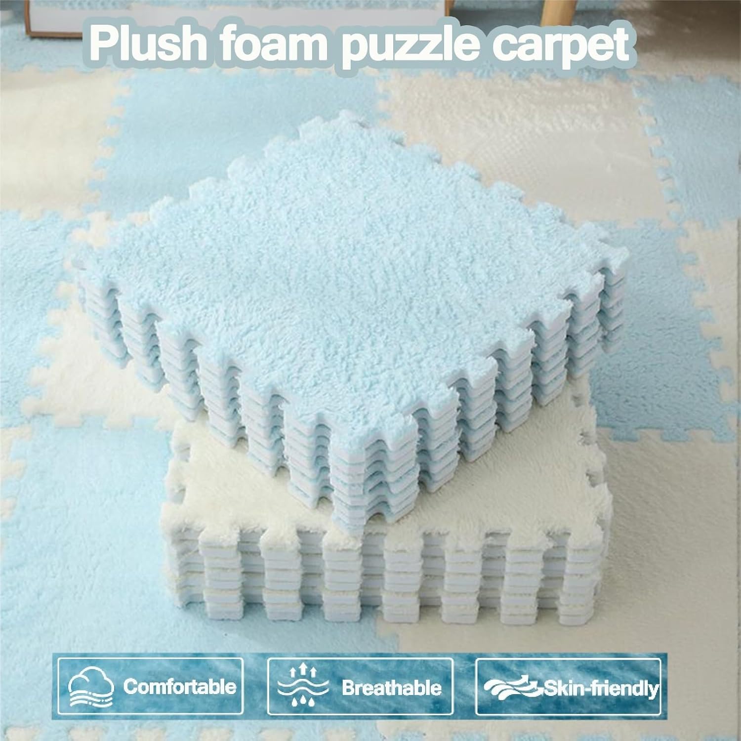 80pcs Shaggy Interlocking Foam Carpet, Non-Slip Washable Tiles Rug, 12x12 in Plush Foam Floor Mat, Puzzle Play Mat for Playroom Parlor Kid's Bedroom(Fruit Green)