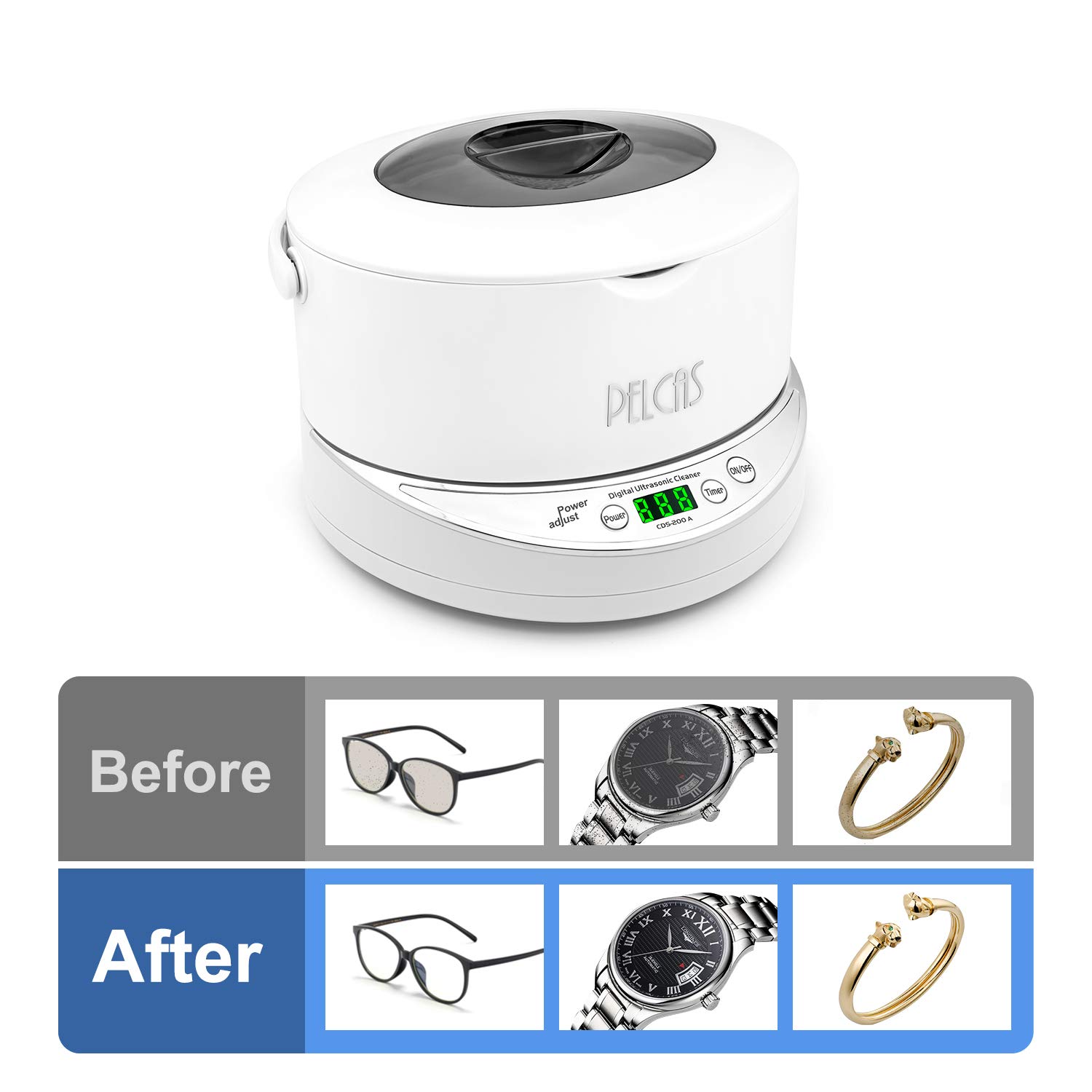 PELCAS Limpiador Ultrasonidos con 750ML Tanque Desmontable Ultrasonidos Limpieza 50W 42000HZ Limpiador Ultrasonidos Dental con 5 Temporizador Digital para Joyas Gafas Relojes Monedas CD