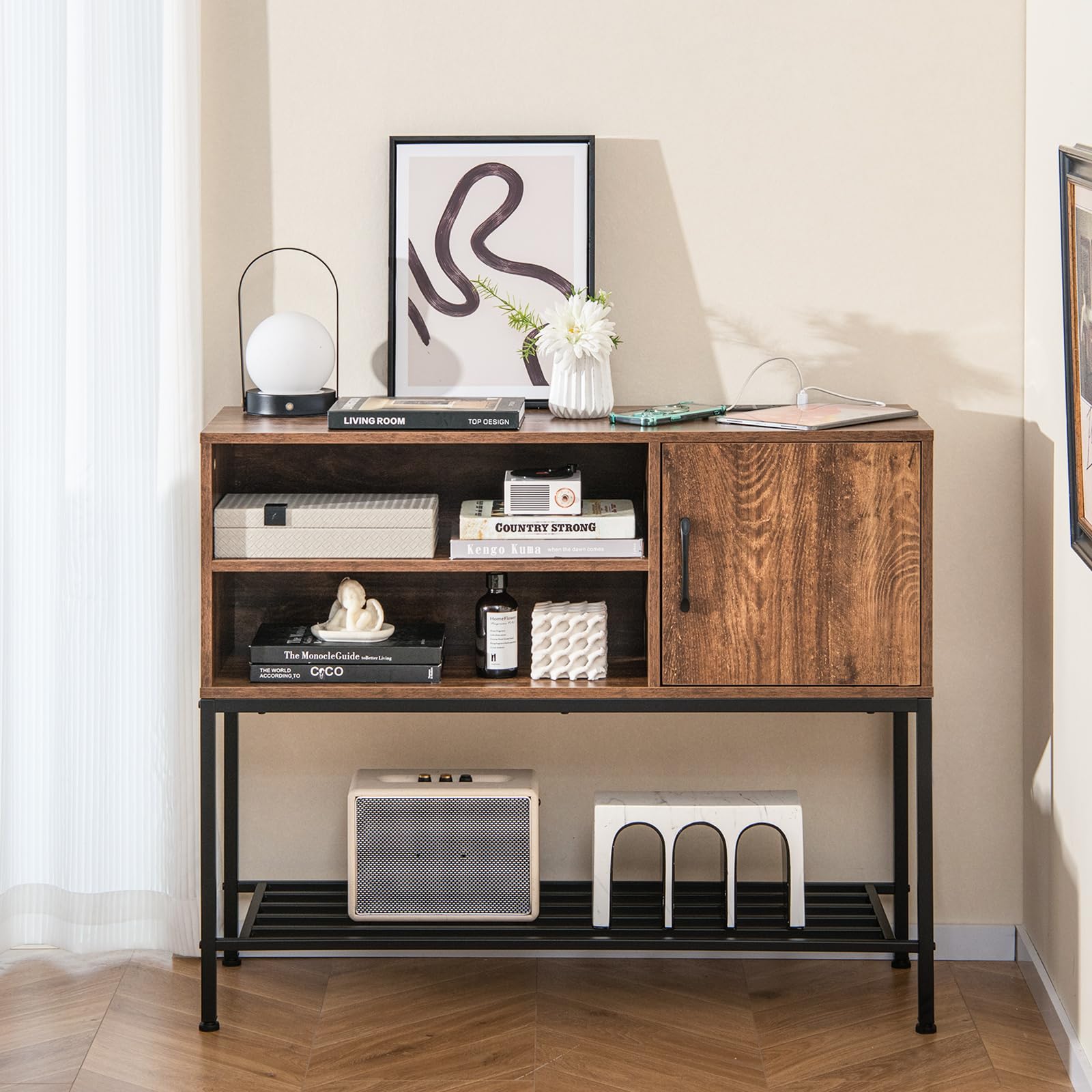 COSTWAY Sideboard mit Weinregal & Metallablage, Küchenschrank aus Holz, Weinschrank 35 x 100 x 83 cm, Konsolentisch Buffetschrank für Esszimmer, Wohnzimmer, Flur, Eingang (Braun)