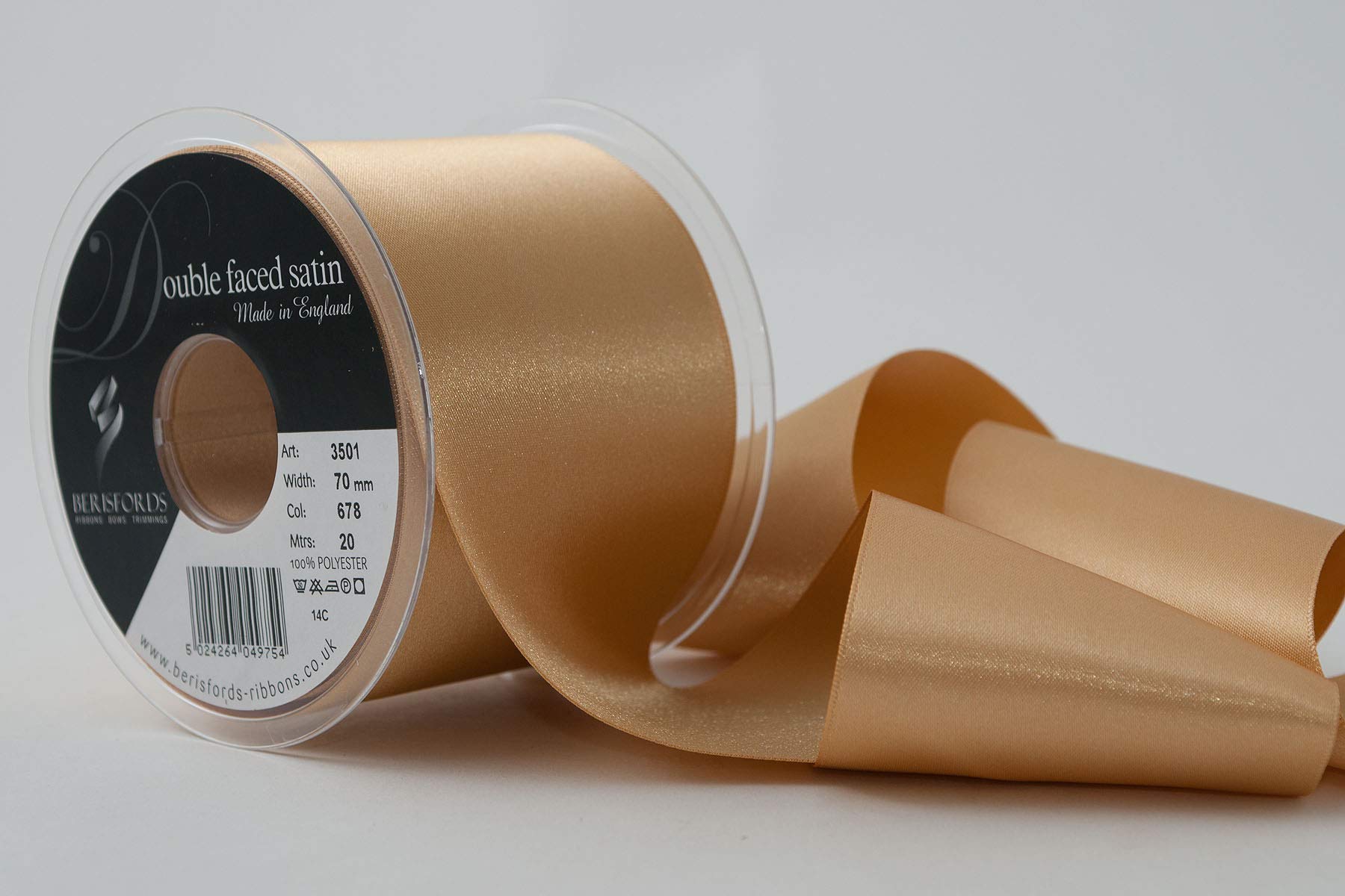 Berisfords 70 mm Double Faced Polyester Satin Ribbon, Honey Gold