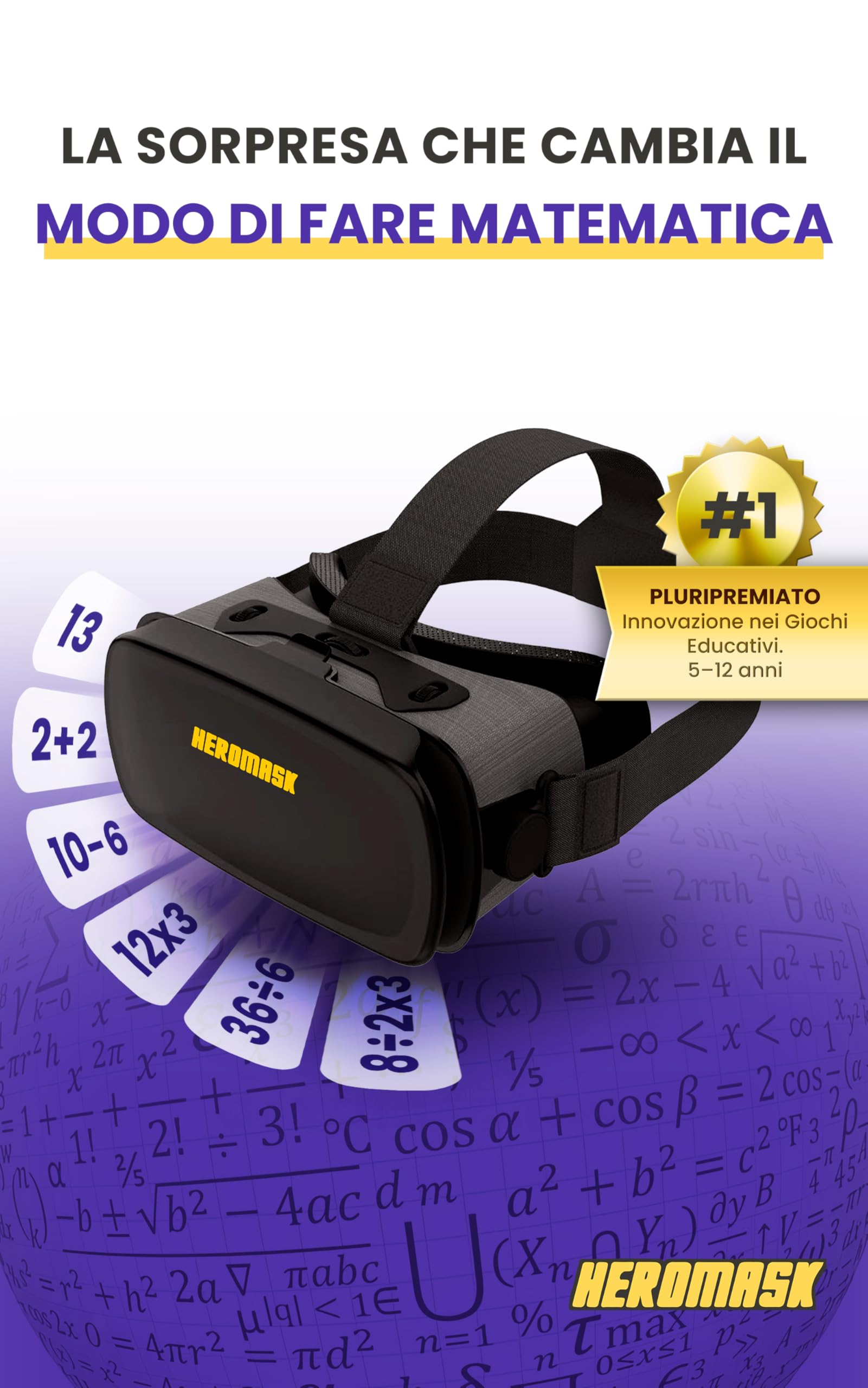 Visore Realtà Virtuale Bambini 5-12 + Giochi Matematica Heromask — Regalo educativo che trasforma la matematica in gioco: guardali sorridere mentre fanno tabelline e calcoli in VR 3D
