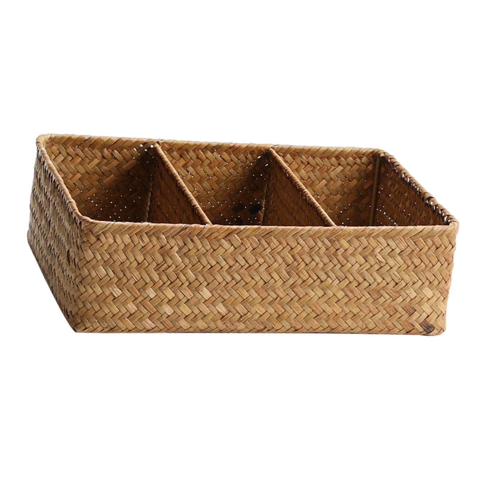 QIXCXAZ Elegant Wicker Storage Basket Desk Organizer With Dividers Rustic Tightly Woven Hand Woven Style Three Grid Storage Japanese Basket Wicker Desk