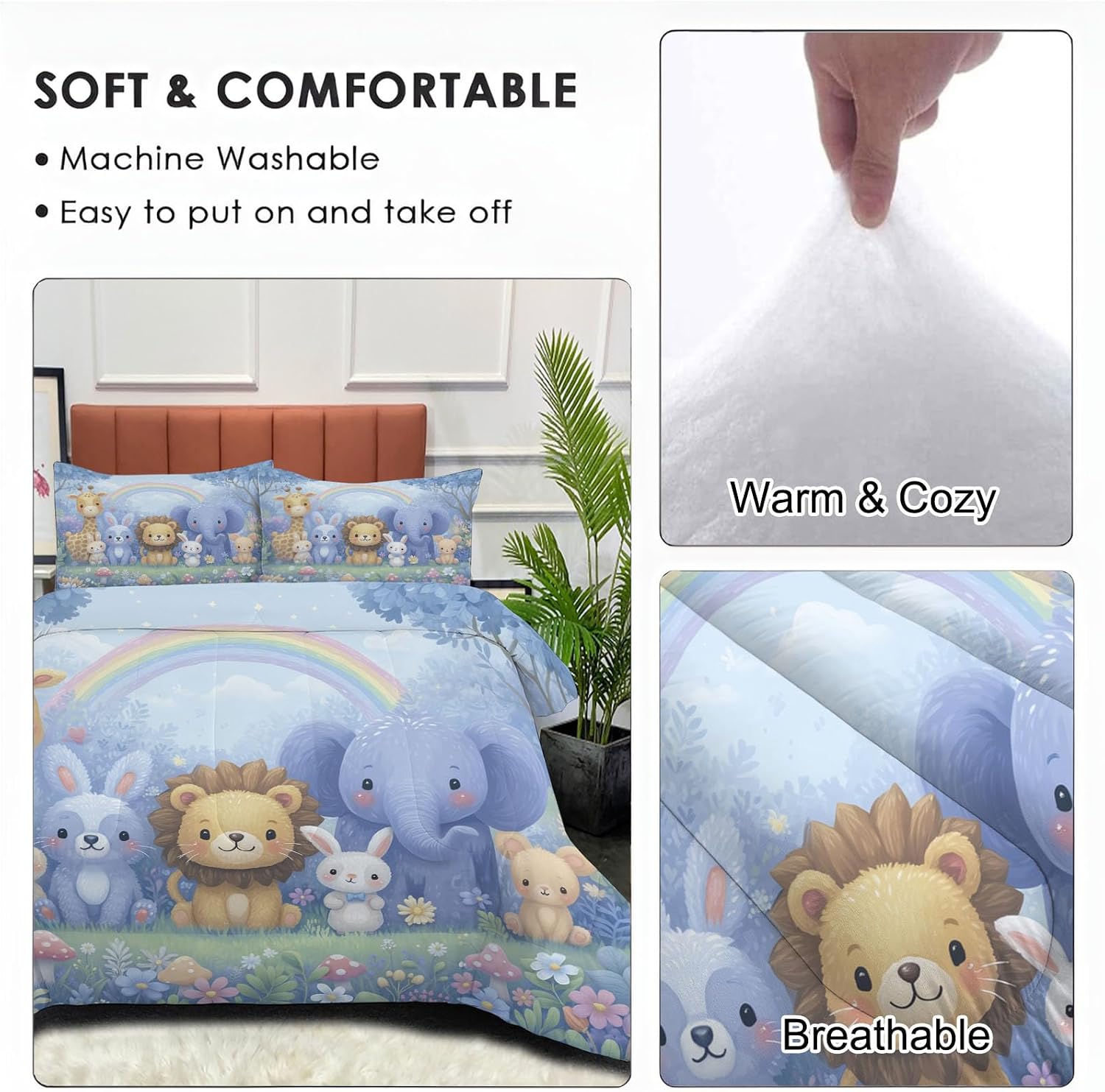 Kids 104" x 90" Coverless Duvet for All Seasons, Reversible Washable 3 Quilt with Woodlands Friendship Animals Patterns, Purple Comforter with 2 Pillowcases 50x75cm, King