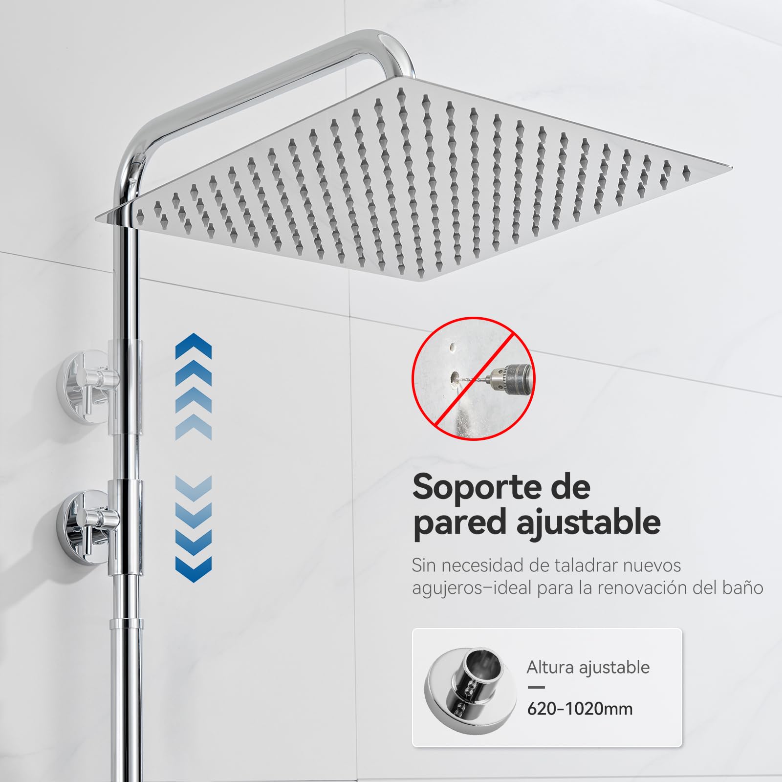 Auralum Columna Ducha Sin Grifo, Rociador de Ducha 30x30cm Acero Inoxidable 304, Alcachofa Ajustable y Estante Sin Taladro, Barra Ducha 62-102cm Compatible Orificios Existentes para Bañera, Cromo