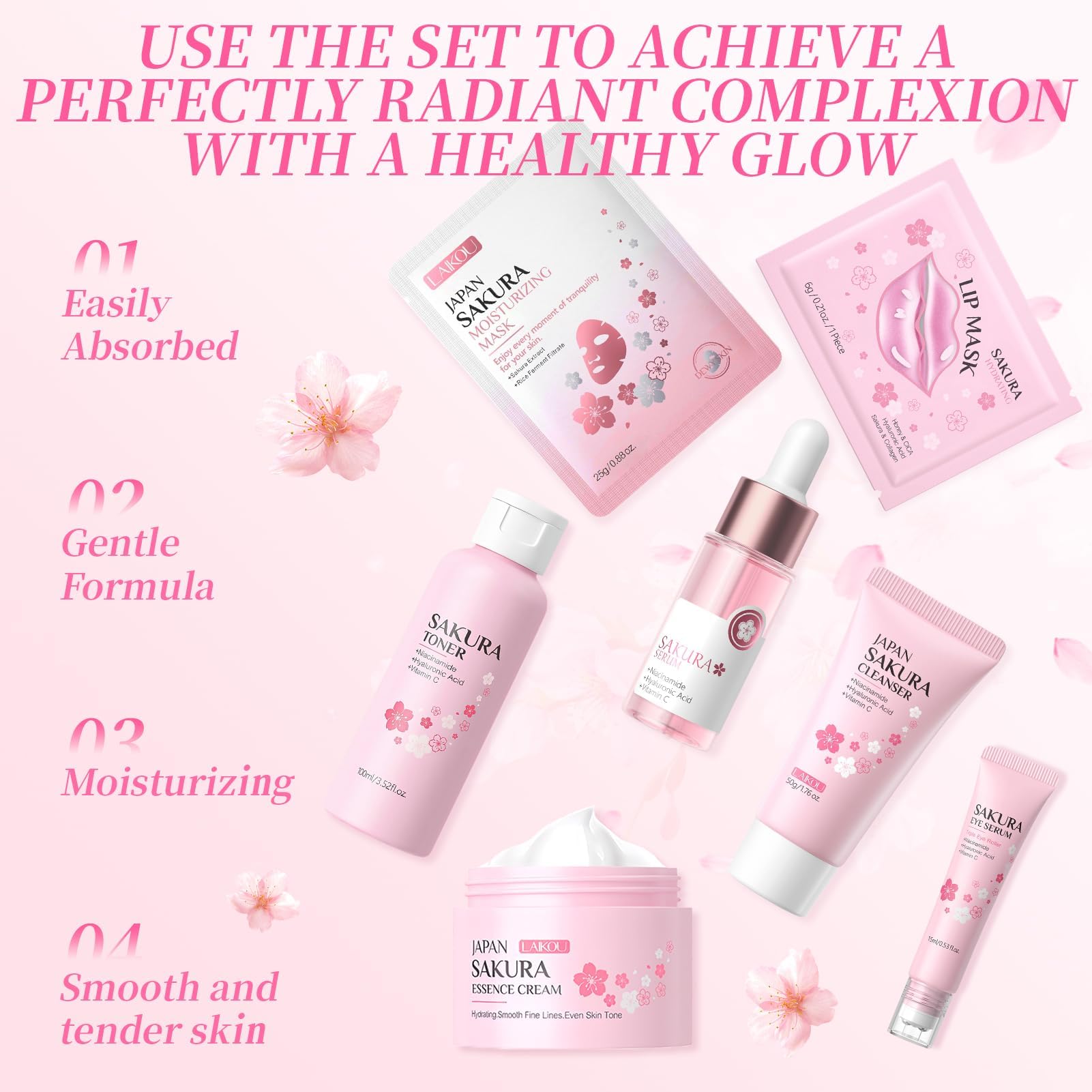 Kit per la Cura della Pelle Sakura 12 Pezzi,include Detergente, Tonico, Crema Viso, Maschera, Siero e Crema per Gli Occhi,Accessori,Set Skincare Viso Completo per Ragazze e Donne