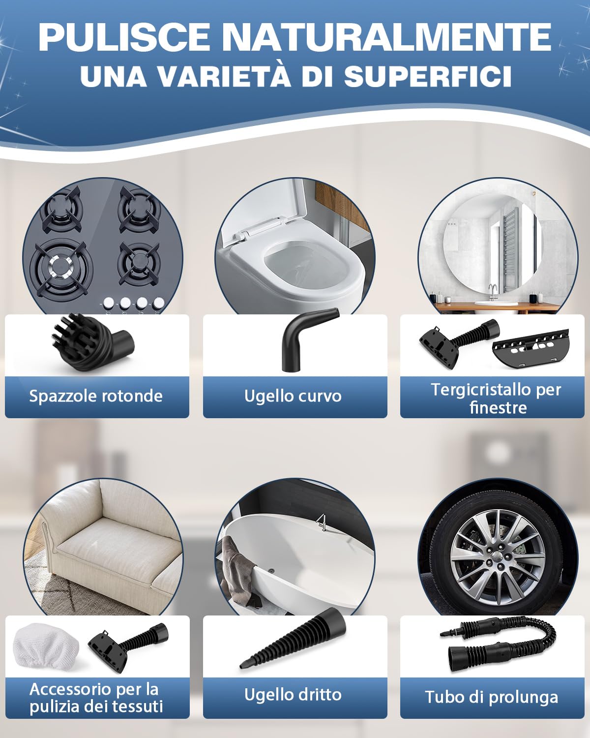 KLONA Pulitore a vapore Manuale, Portatile Pulitore, con 10 Accessori | per Tappeti, Fughe, Finestre, Grasso, Cucina, Bagno | Pressione 3,5 bar | 1050 W | Serratura di Sicurezza | Senza Chimiche