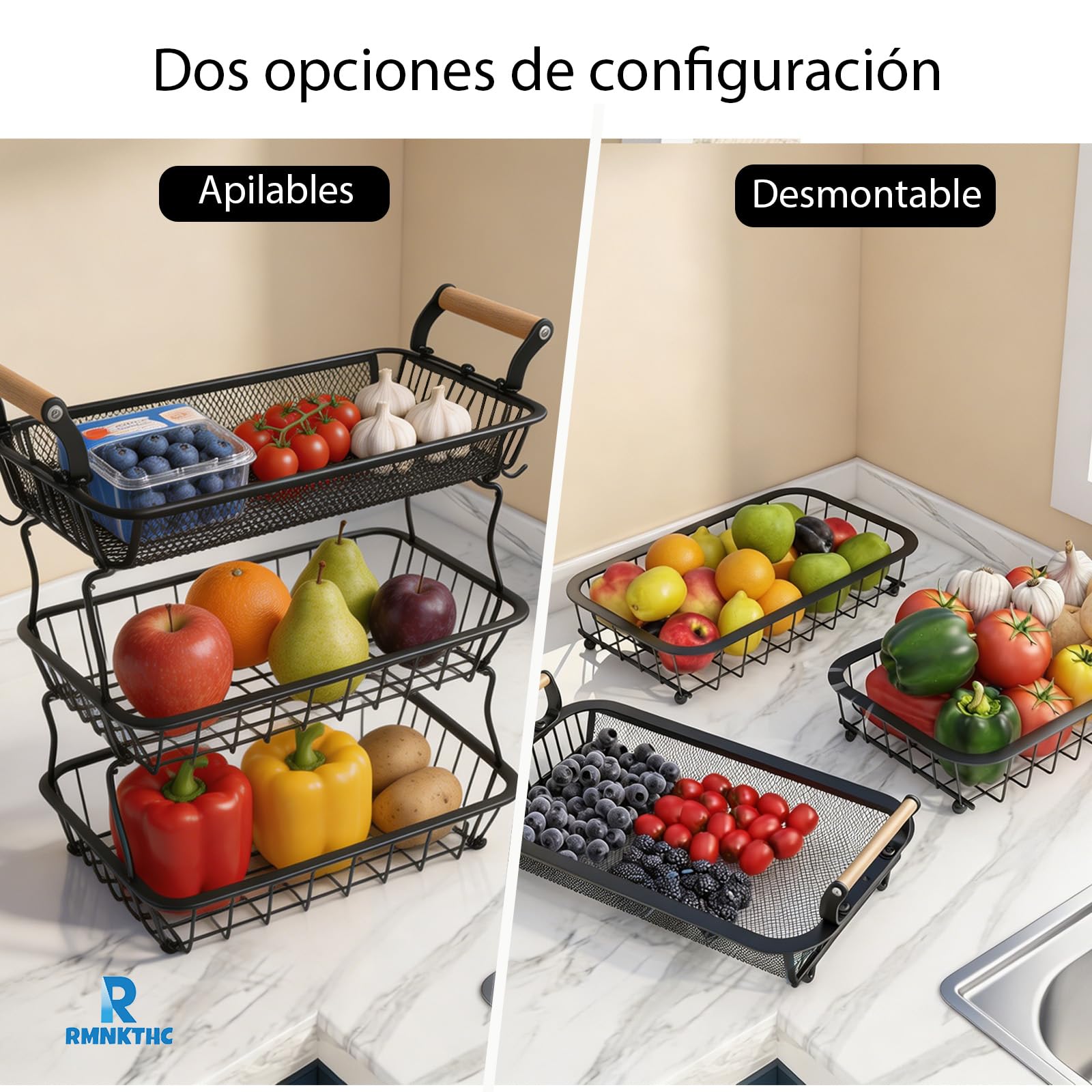 Cesta de Frutero de 3 Niveles, Soporte de Frutas de malla con 2 Ganchos para Plátanos, Encimera de Cocina, Aparador, Despensa, para Almacenar Pan, Aperitivos, Frutas y Verduras (Negro)