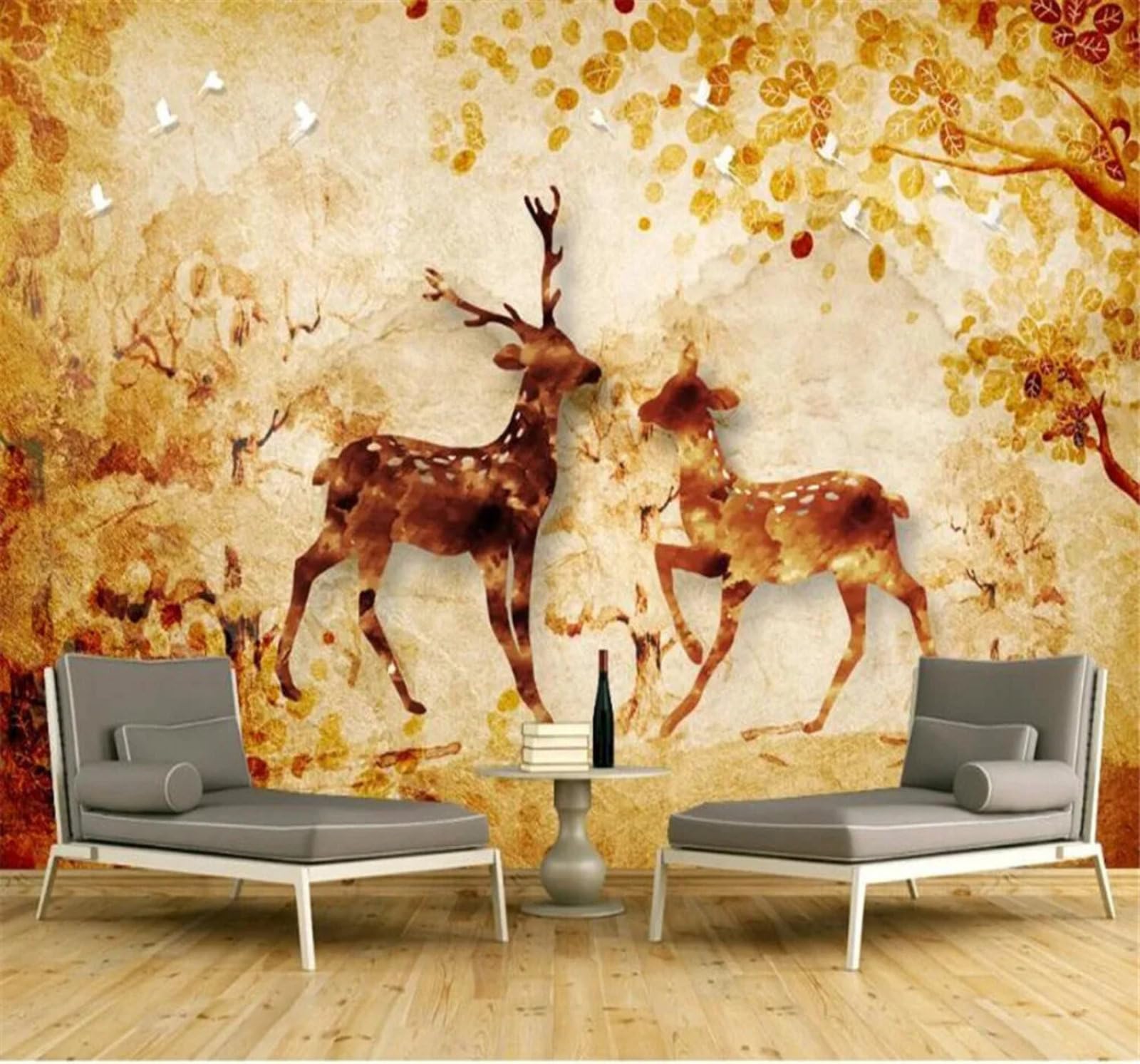Xlming 400Cm×280Cm(B×H) Vintage Nostalgic Forest Reindeer Art 3D Wallpaper Silky Texture Home Study Office Grey Dining Room Sofa Bedroom Living Room Tv Backdrop-400Cm×280Cm