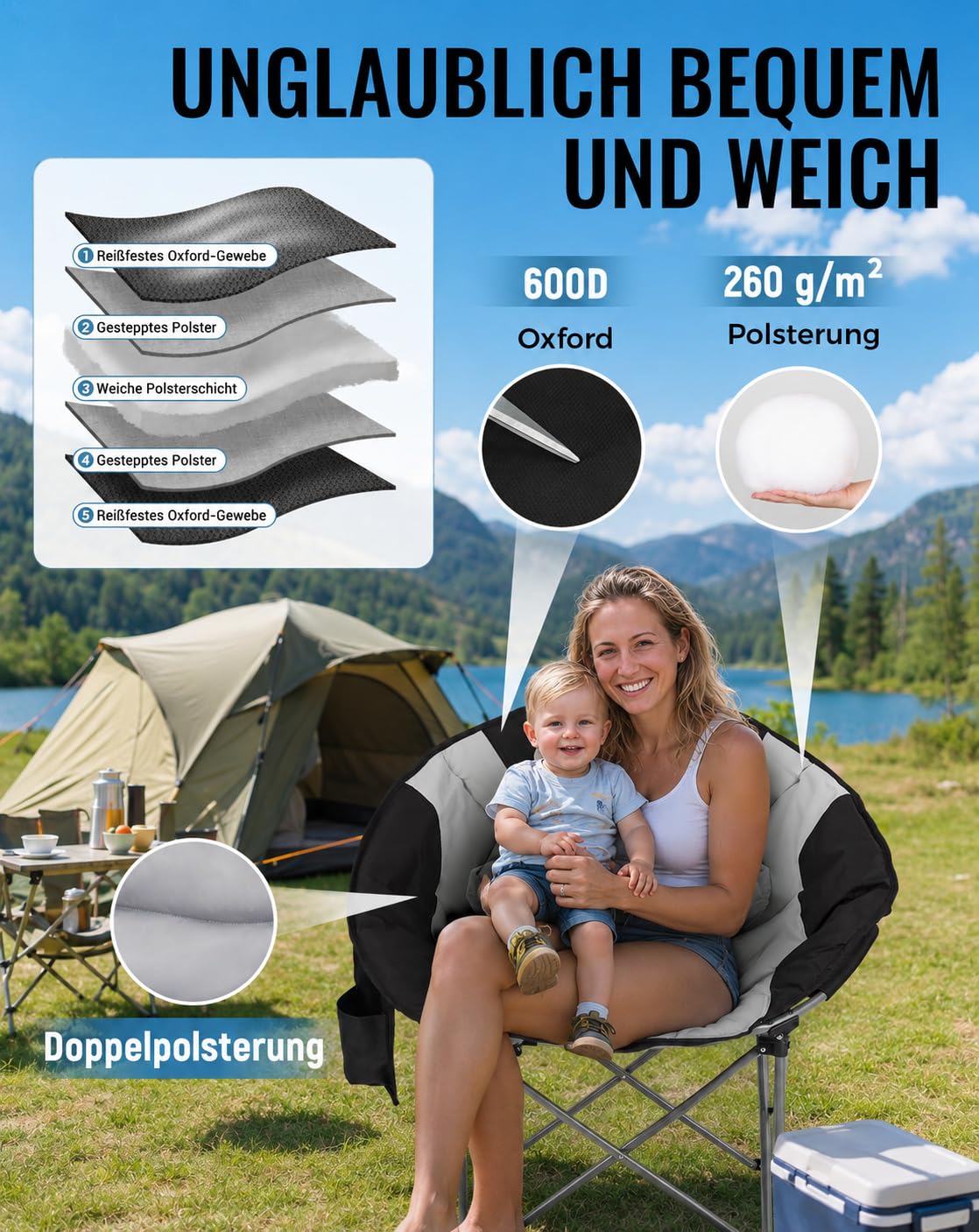 KingCamp 2er Set Moonchair Campingstuhl Faltbar bis 205kg Gepolstert | Tragbar Campingstühle mit Kühltasche, Getränkehalter & Tragetaschen für Camping, Garten, Angeln Outdoor
