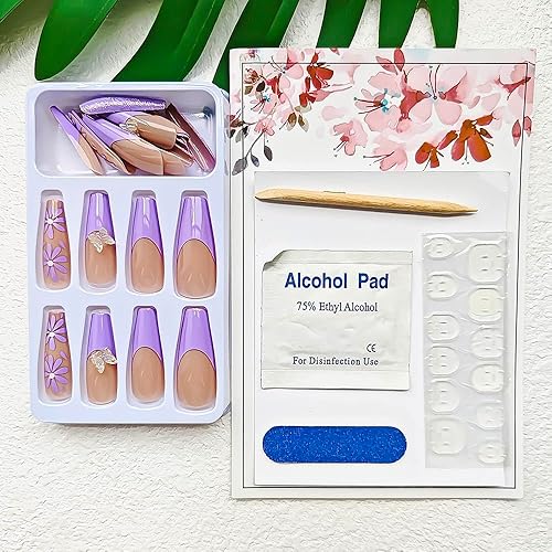 Miniatura 4 de Uñas postizas largas a presión, uñas postizas en forma de ataúd, uñas acrílicas con diseños de flores y mariposas, uñas adhesivas de cobertura