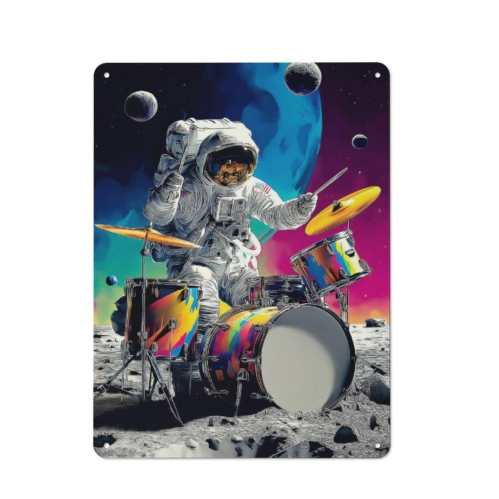 Junmoney Astronaut Drummer On The Moon -5 Retro Decorative Tin Plaque 40X30cm Featuring Novelty Wall Art For Bedroom, Kitchen, Office Or Living Room