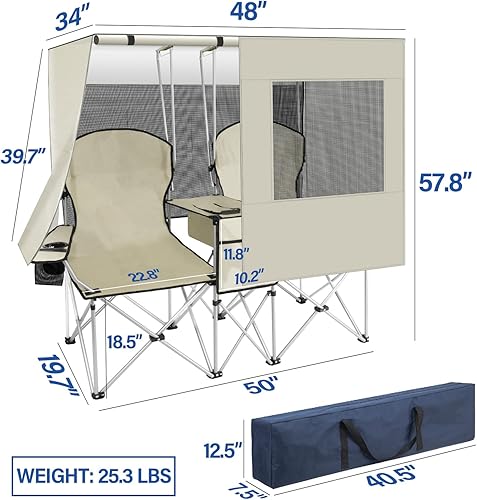 Miniatura 2 de PLKO Silla de camping doble portátil con pantalla de toldo, sillas de playa resistentes para adultos, silla de playa plegable con bolsa enfriadora