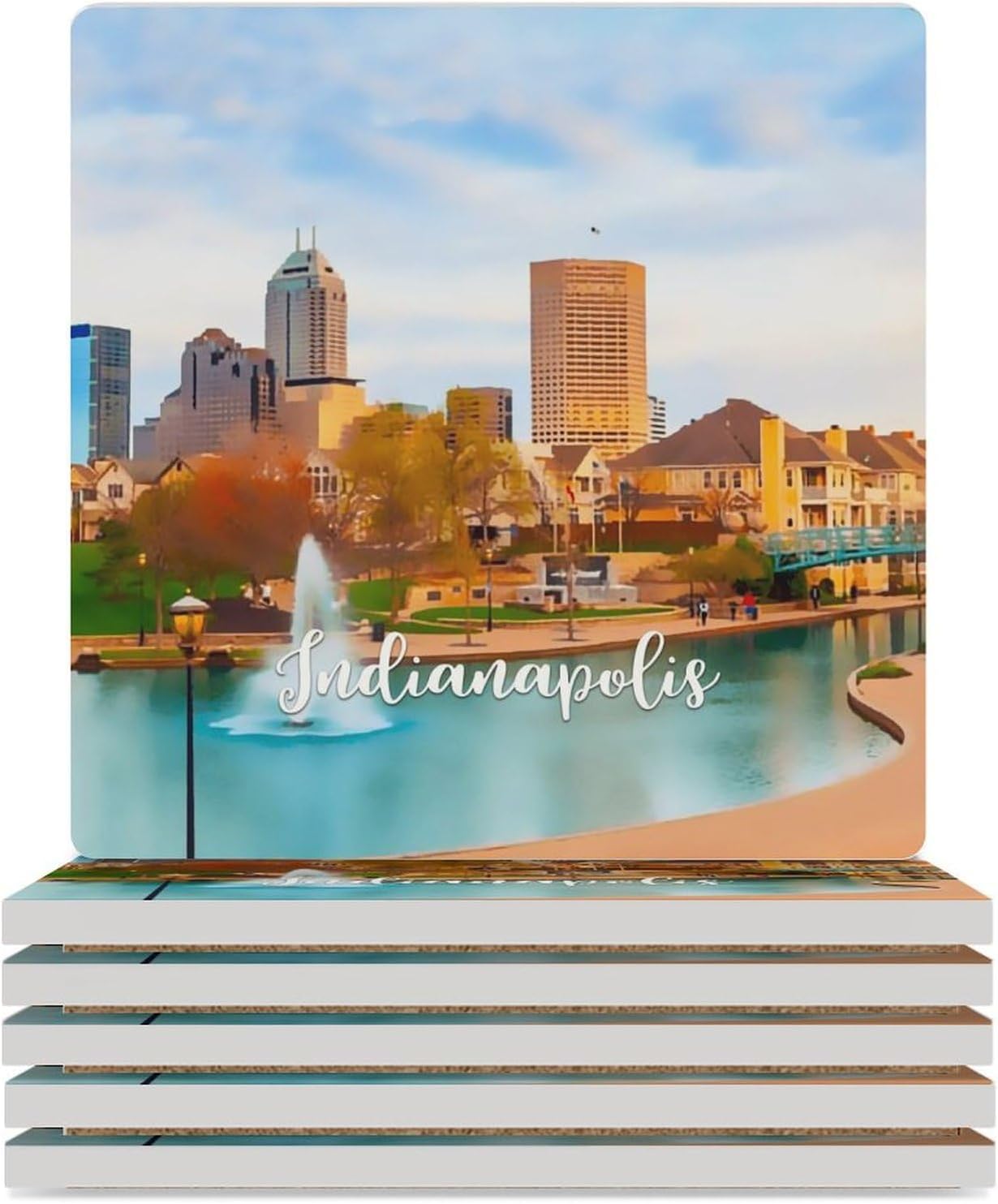 American Indiana State Indianapolis Ceramic Absorbent Coaster Set of 6,Indianapolis City Skyline Cups Place Mats with Base for Home Table Coasters Ceramic Cup Mat for Drinks, Bar, Kitchen Decoration