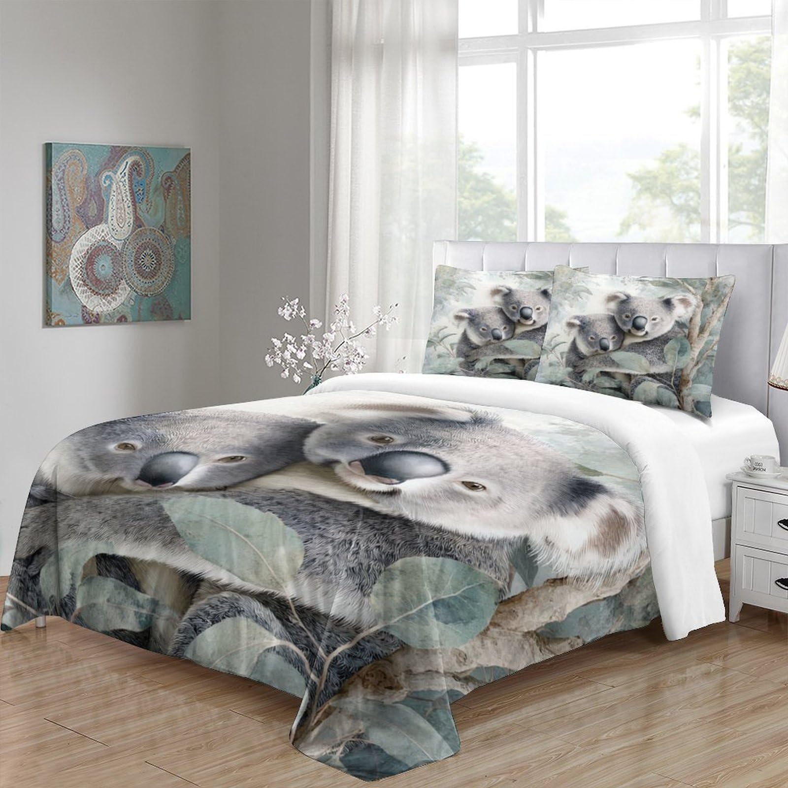 Koala-Pärchen 3D-Druck 3er-Set Bettbezug Illustrationsstil für Natur Bettdeckenbezug Mikrofaser Reißverschluss Staubmilbenfest für Jugendliche Kinder Frauen Super King（260x220cm）