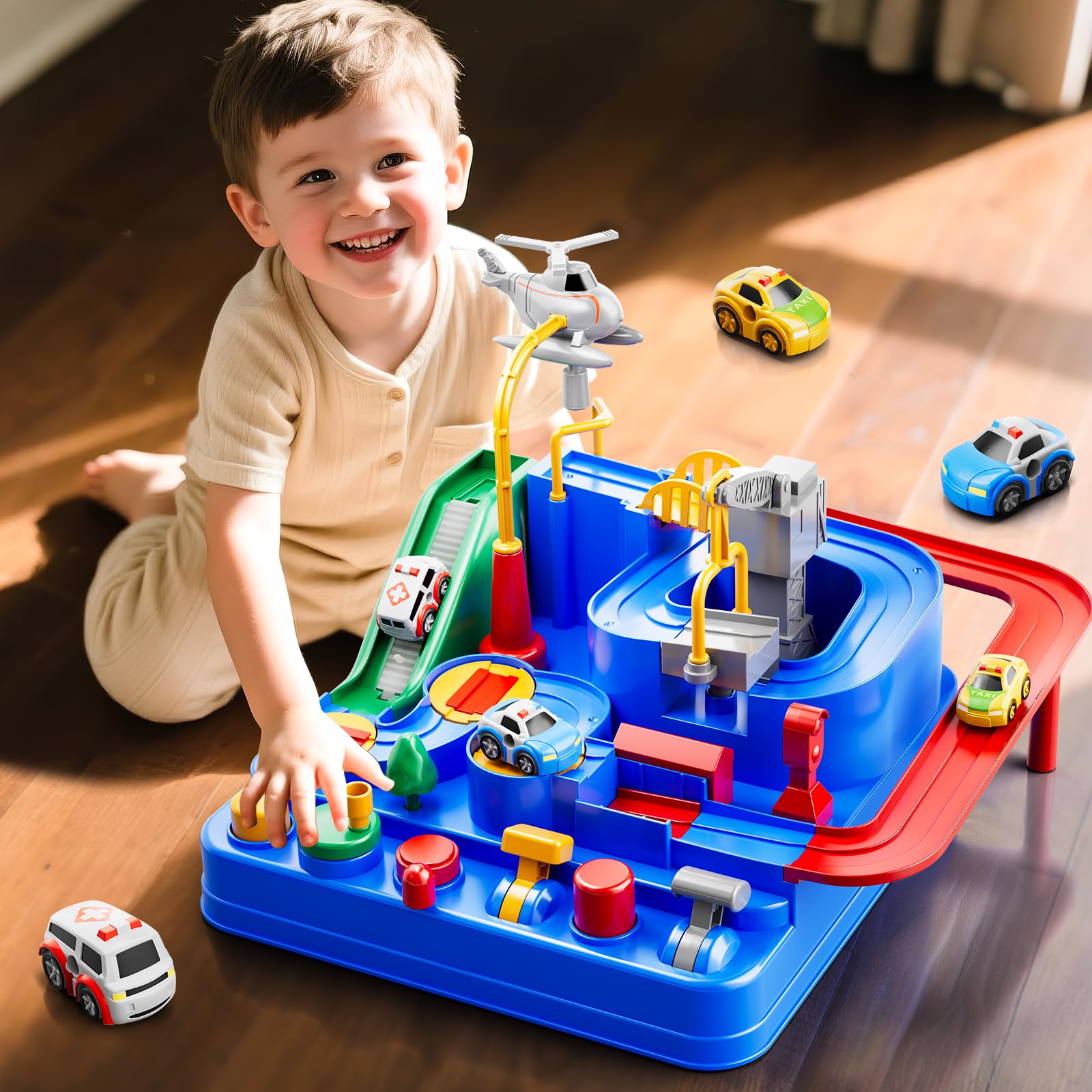 Car Race Track for Kids Ages 4-8, Kids Car Toys for 3 Year Old Boys, Race Track for Toddlers 1-3, City Set with 3 Small Cars and Helicopter, Educational Birthday Gifts