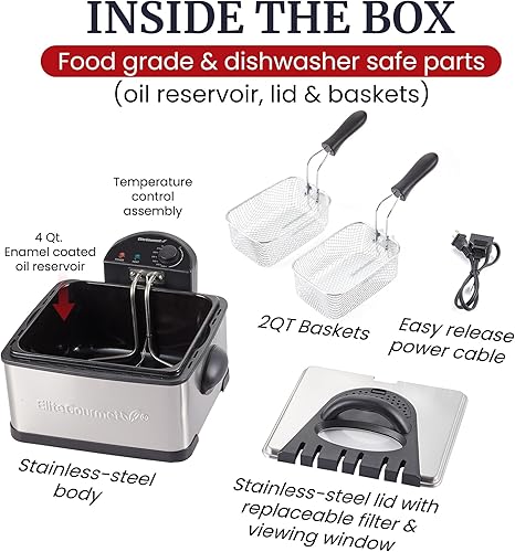 Miniatura 10 de Freidora eléctrica a inmersión con temporizador y filtro antiolor de Elite Platinum EDF-401T Maxi-Matic 1700-Watt de triple cesta en acero