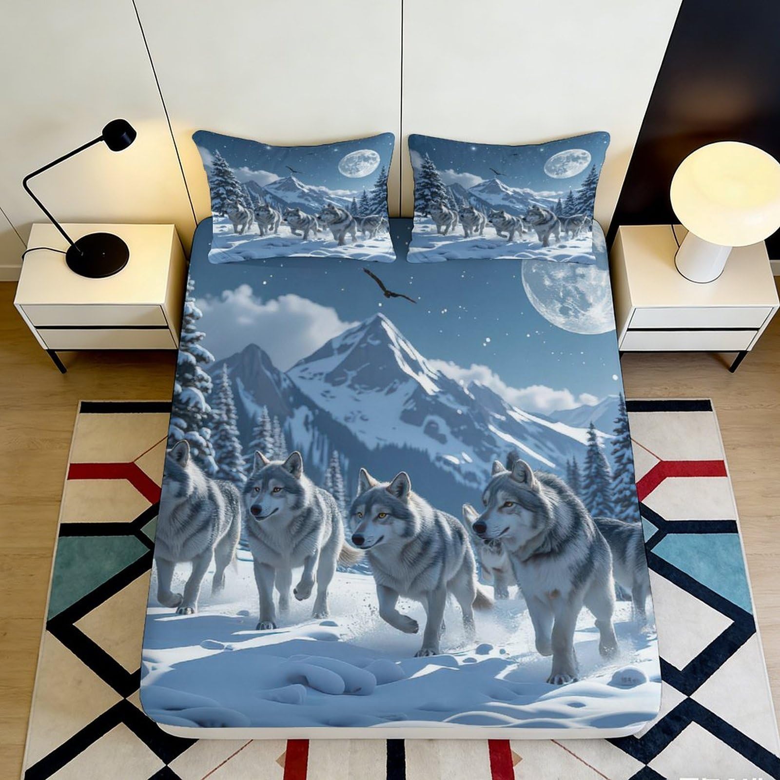 Jqzkxnhpbr Style-6 3D Printed Wolf Mountain Fitted Sheet Microfiber Anti-Slip Bed Sheet For Bedroom Guest Room Machine Washable Decor 90X200x25cm