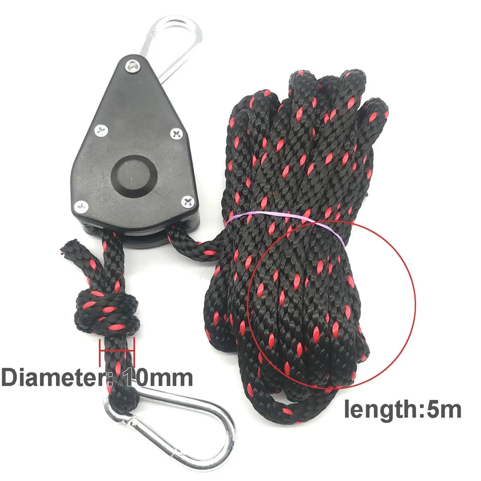 10mm 3/5/10m 100kg Tenda da campeggio Corda Puleggia Cricchetti Canoa Barca Poppa Lega Imbottiture Corda Heavy Duty Corda regolabile Gancio(Black 10m)