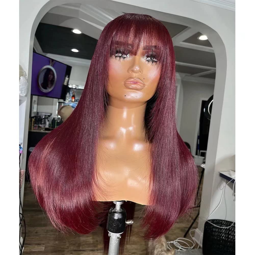 99J Burgundy Red Straight Wig With Bangs Fringe Human Hair Wigs for Black Women Pre Plucked Brazilian Remy Hair 13x4 HD Transparent Lace Front Wig