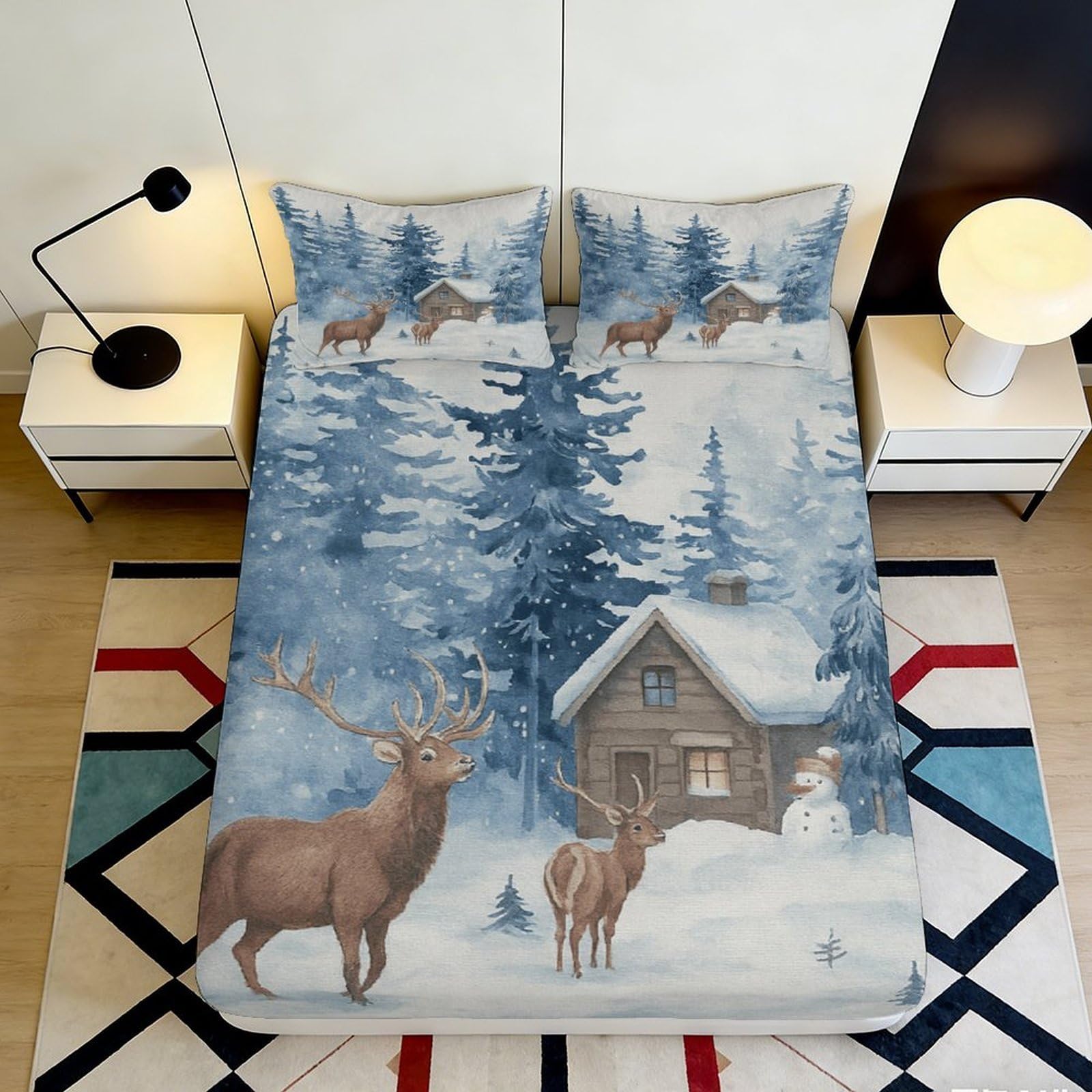 3D Printed Winter Forest Fitted Sheet Microfiber Soft Elk Cabin Mattress Cover for Bedroom Guest Room Decor 120x200x25cm