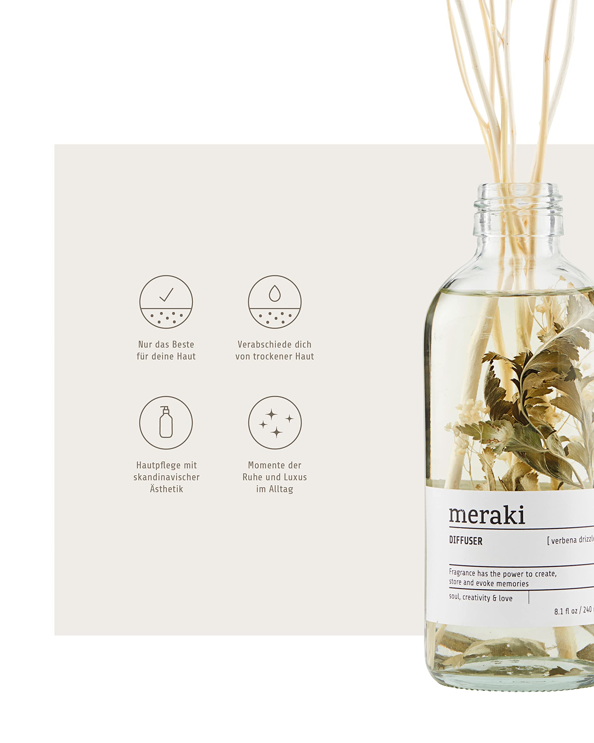 Meraki Diffuseur de parfum Verveine Hauteur 26 cm Diamètre 5,6 cm 240 ml