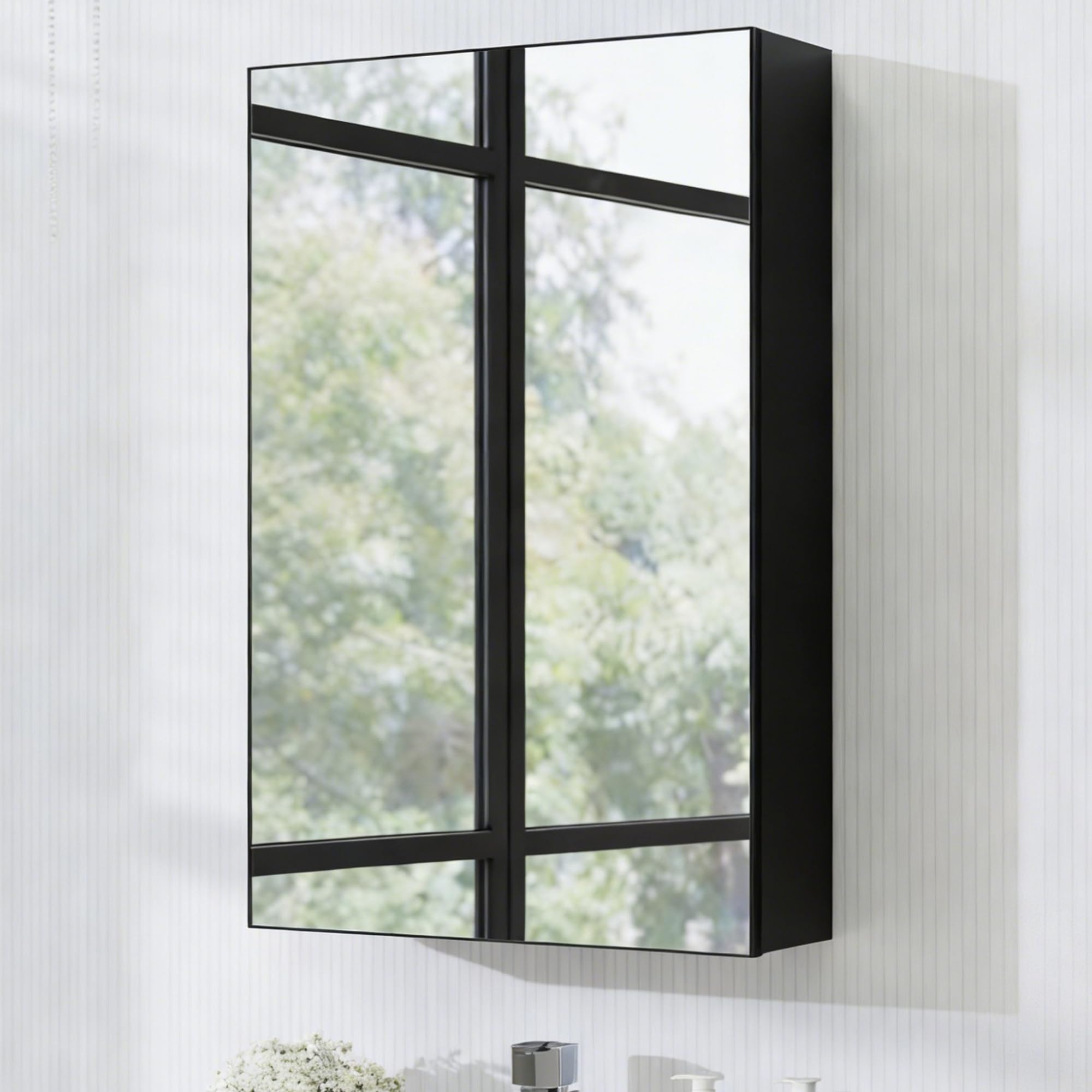 Panana Single Door Bathroom Mirror Cabinet, Wall Mounted Cabinet with Mirror, Storage Cupboard with Adjustable Shelf (Black, 40 x 60 x 13 cm)