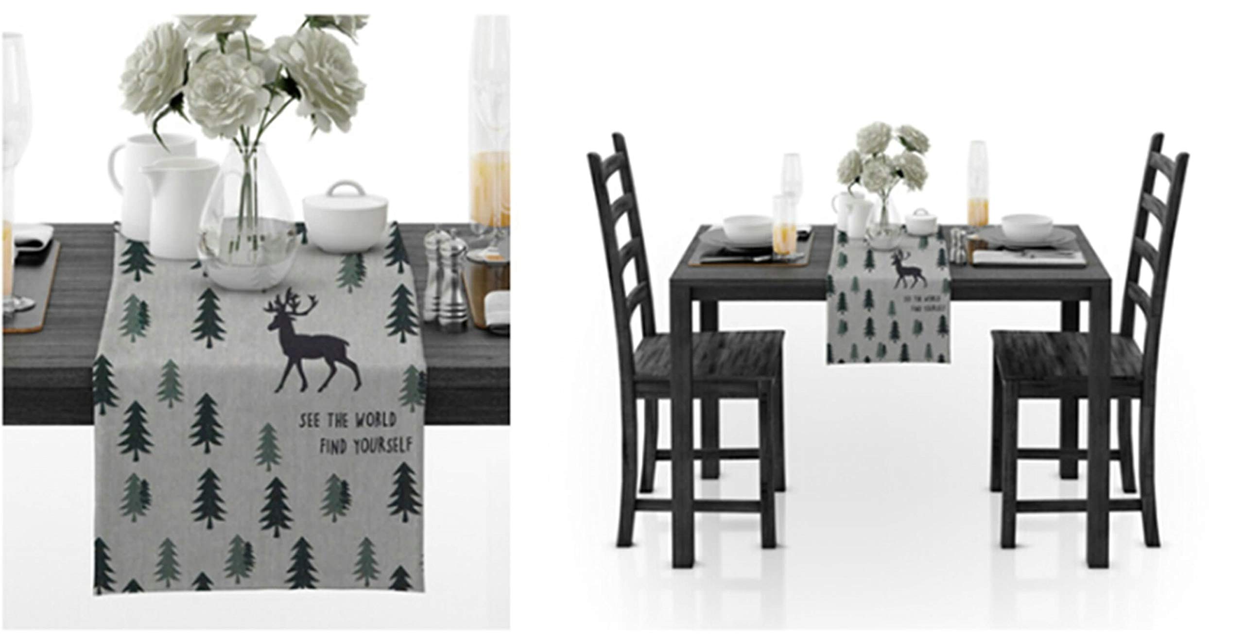 Aeici Camino de mesa de comedor al aire libre de algodón, con alce en el bosque, camino de mesa de 30 x 150 cm, camino de mesa para mesa redonda, color negro y verde