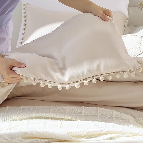Miniatura 6 de Smoofy Juego de edredón beige tamaño King con flecos y pompones, juego de ropa de cama de 3 piezas suave y cálido vintage con pompones (1 edredón