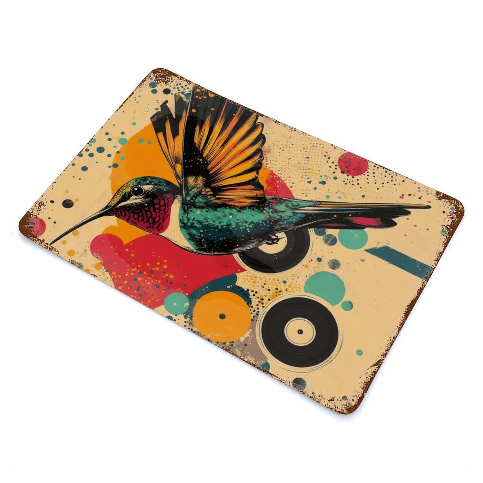 Rustic Tin Plaque Hummingbird with Abstract Background Hummingbird Vibrant Poster 11.8"x7.9", Retro Wall Decor for Shed, Workshop And Garage Wall Decor