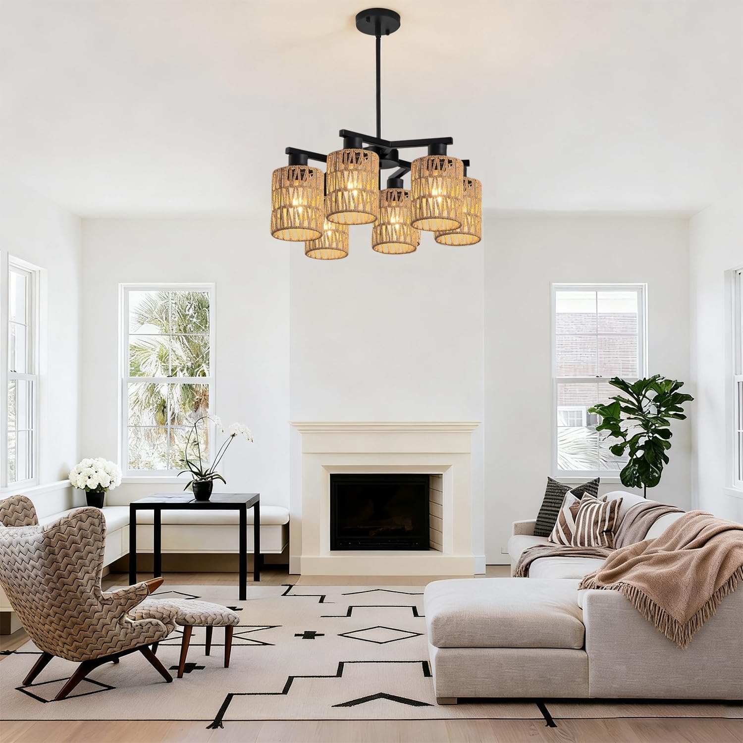 6-Light Farmhouse Rattan Chandelier for Dining Room, Black Boho Pendant Light Fixture with Hand Woven Rope Shades, Modern Coastal Hanging Pendant Lamp for Kitchen Island Foyer, Adjustable Height