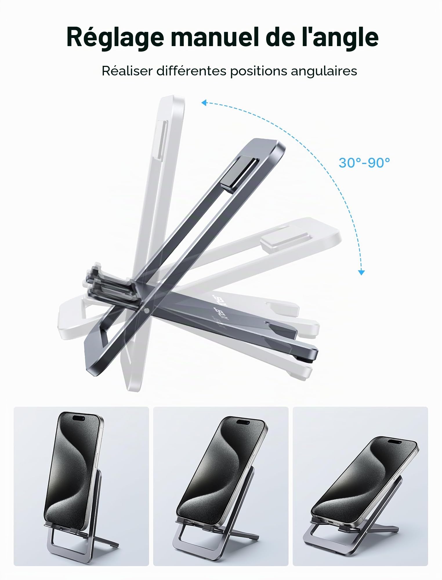 JSAUX Support Téléphone Portable Pliable en Aluminium Ajustable pour iPhone 16 15 14 13 Pro Max Samsung S24 S23 Ultra A53 Kindle Gris
