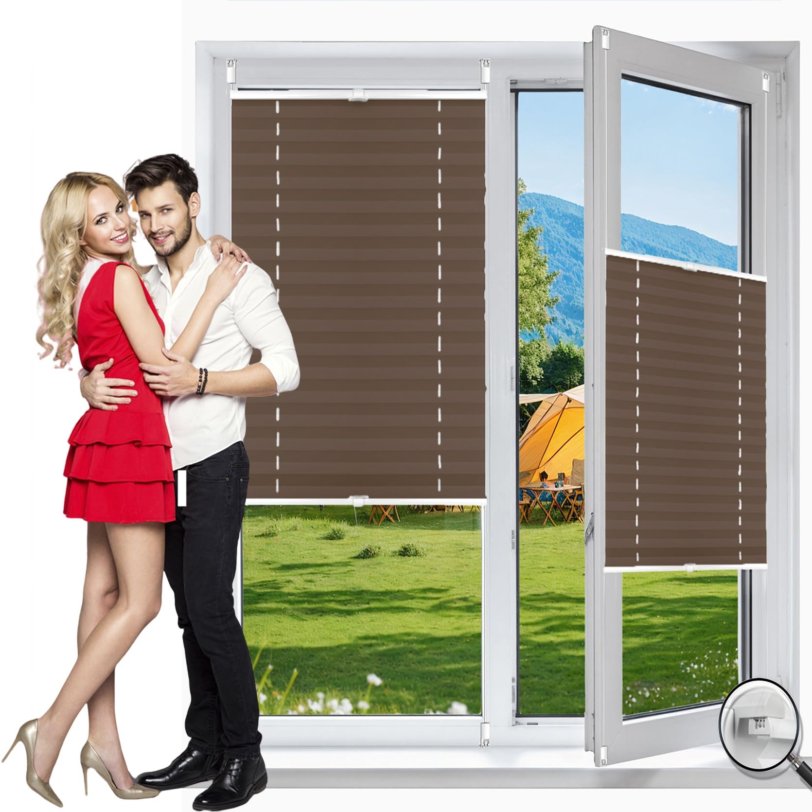 No Drill Blinds Instant Temporary Blinds 80 x 185 cm (W x H), Self-Adhesive Non-Woven, Crumpled Effect, Blackout Honeycomb Shades, Portable Blackout Blind, for Window Door, Brown