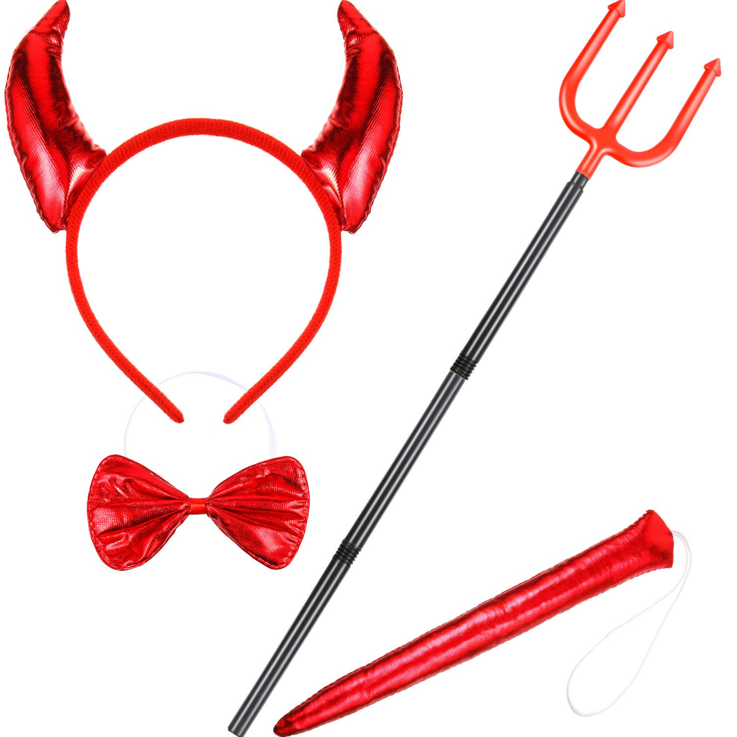 WILLBOND 4 Pieces Red Devil Costume Set Include Devil Horn Headband Devil Tail Devil Bowtie and Red Devil Fork Devil Accessory Kit for Girls Women Halloween Party Cosplay