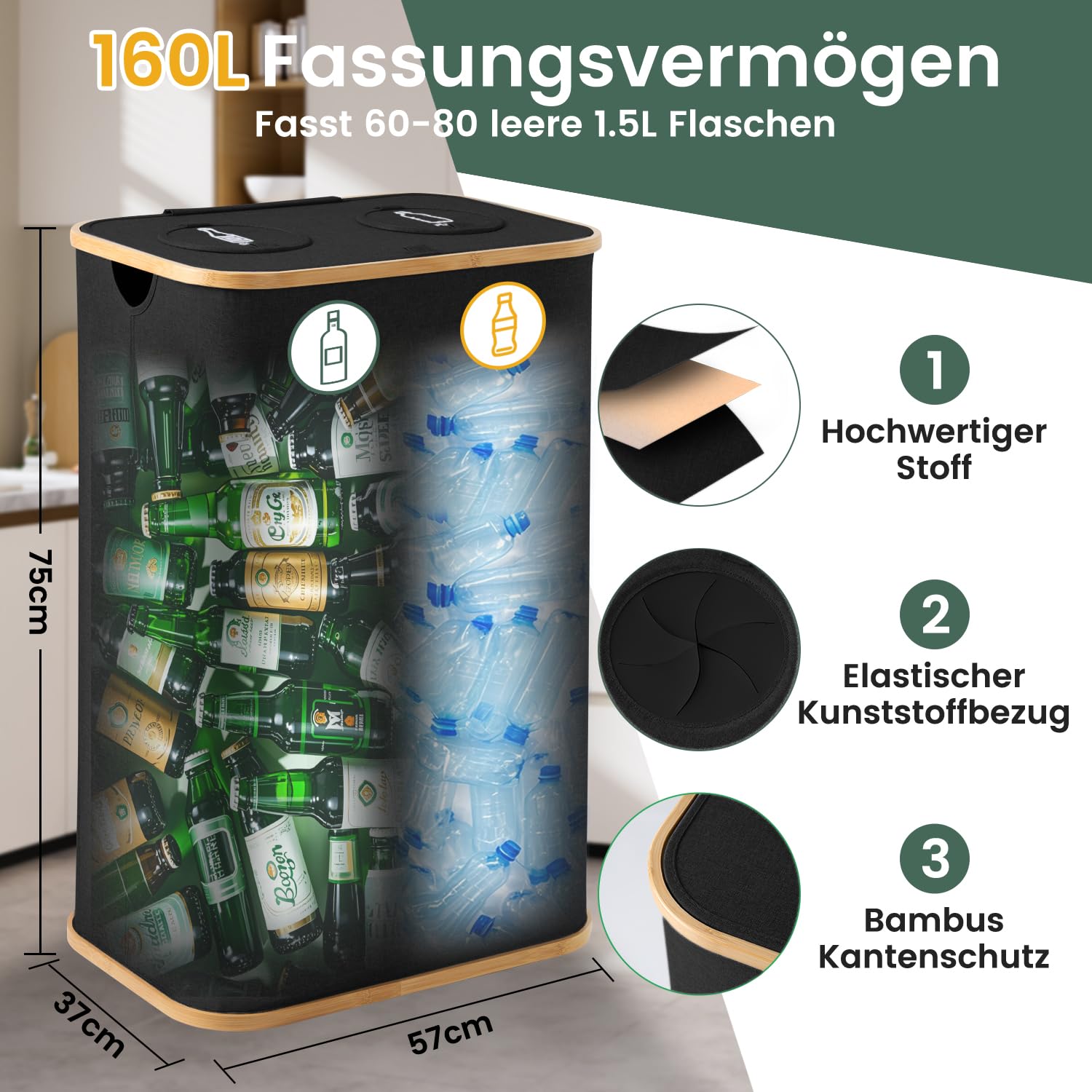 REKITA Pfandflaschen Sammelbehälter 2 Fächer, 160L Flaschensammler Leergut Sammelbehälter[inkl 2 Tragetasche] Faltbar Pfandflaschen Aufbewahrung mit Deckel Pfandbehälter
