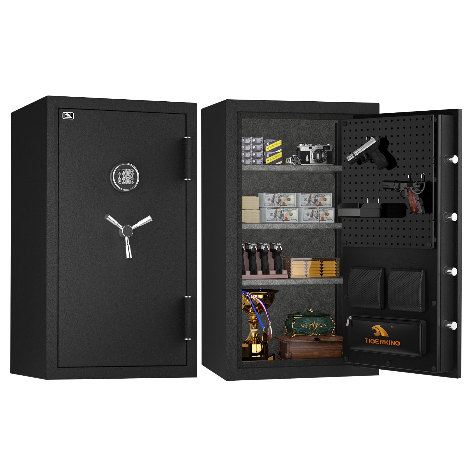 tigerking 8.78 cu ft fireproof and waterproof safe with digital lock, diy pegboard door, heavy-duty steel large floor safe for home & office, 30-min 1200°f fireproof & 72-hr waterproof protection
