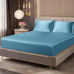 BEDELITE Satin Fitted Sheet and Pillowcases Set, Luxury Soft Similar to Silk Bottom Bedsheet with Elastic Corner Straps, Deep Pocket up to 15 Inch, 1 Fitted Sheet and 2 Pillowcases(King, Airy Blue)
