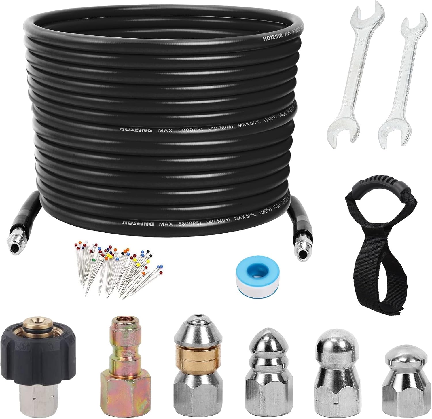 50FT Pressure Washer Sewer Jetter Kit, 5800 PSI Water Jet Drain Cleaner Hose with Corner Rotating Button Nose Nozzle, Sewer Jetting Nozzles Kit with Spanner Handle Strap