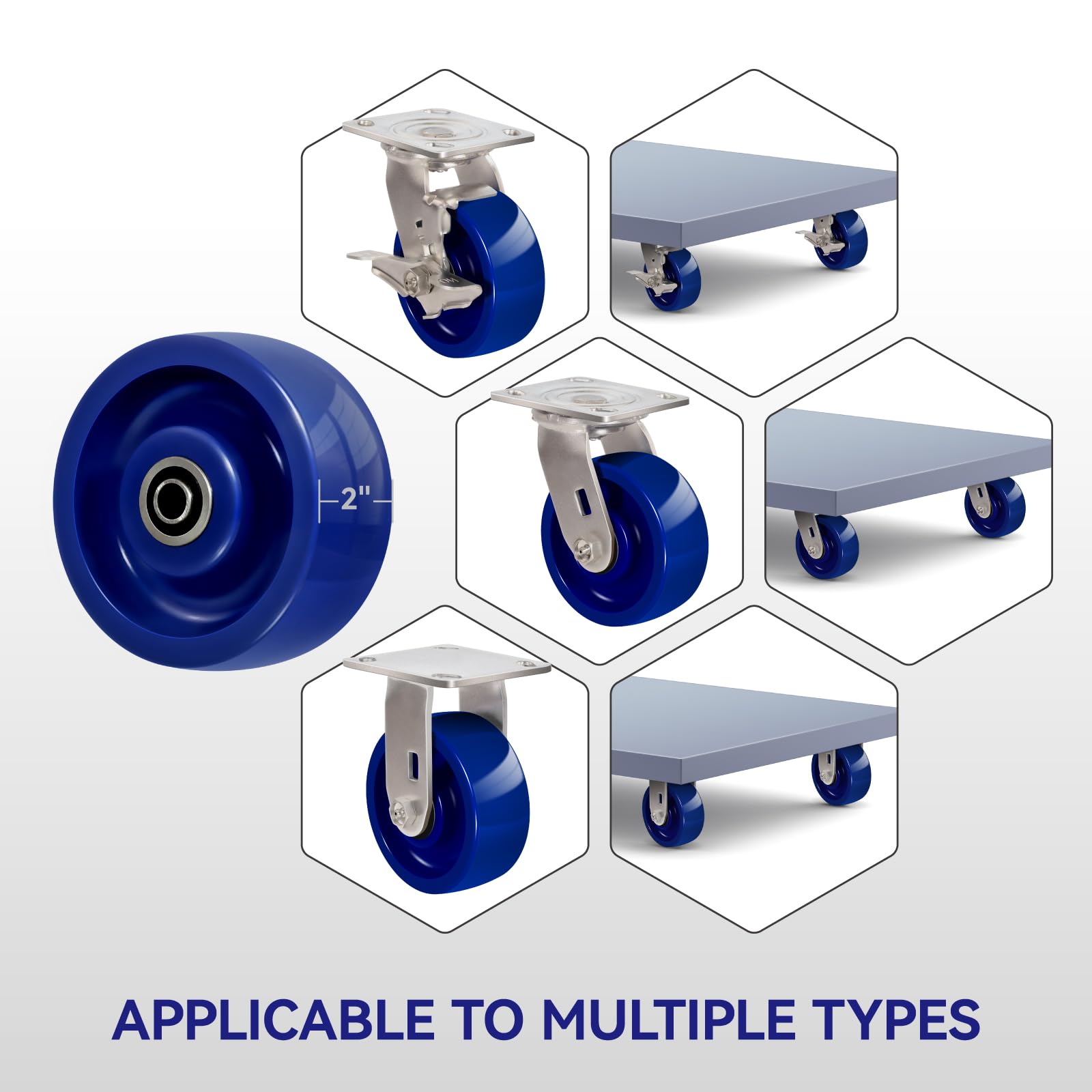 Smerigliatrice di ricambio per ruote da 12,7 cm, in poliuretano solido blu, resistente ai rifiuti, resistente ai rifiuti, capacità 362,9 kg, cuscinetti-foro da 1/2" (confezione da 4)