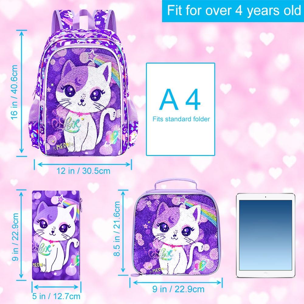 UFNDC 3PCS Backpack for Girls with Lunch Box,16”Kids Sequin Bookbag with Lunch Box, School Bag for Elementary Toddler - Image 4
