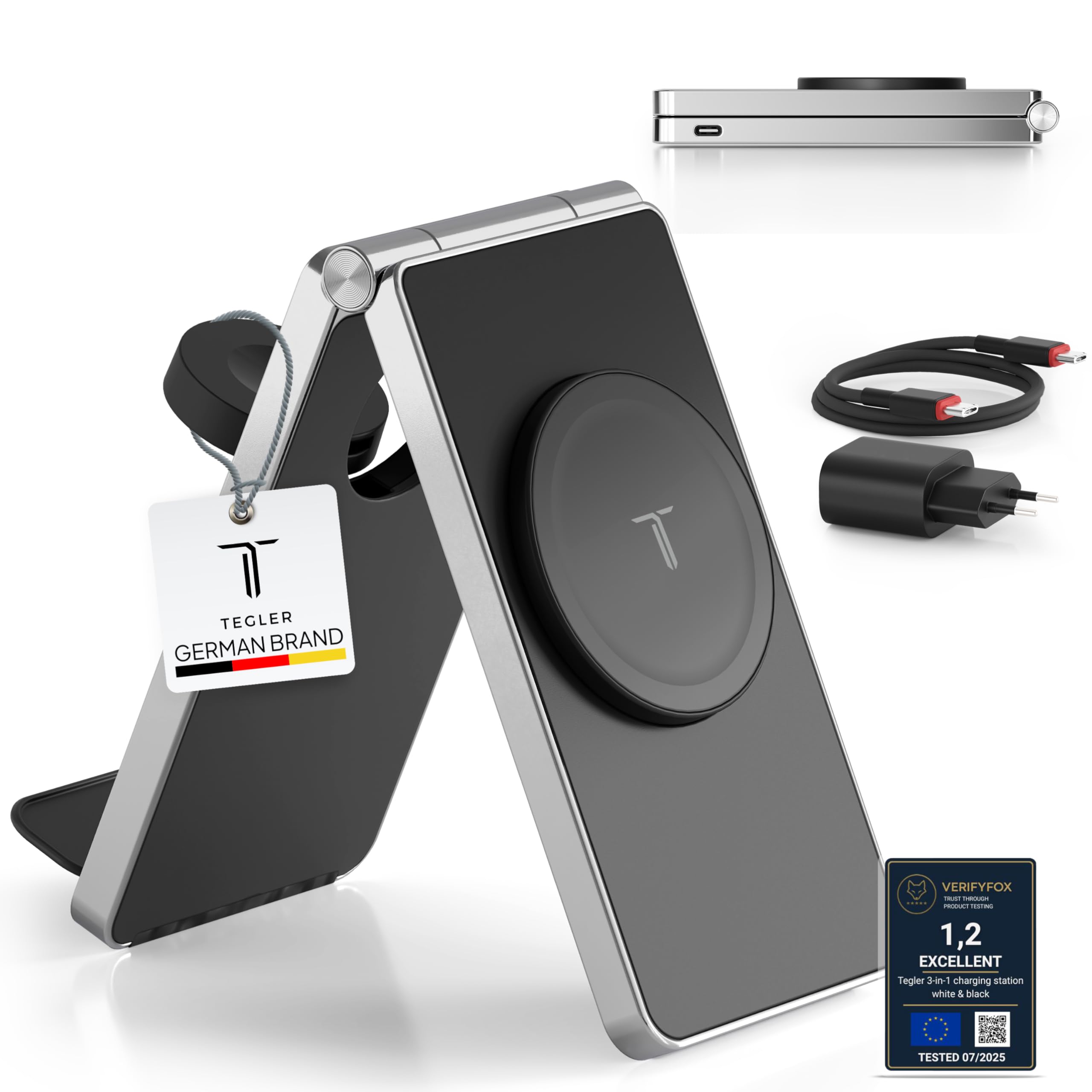 Chargeur à Induction 3 en 1 Compatible MagSafe en Aluminium – Station de Charge Apple pour iPhone, Apple Watch et AirPods – Support Pliable avec Adaptateur 20W, Charge Rapide
