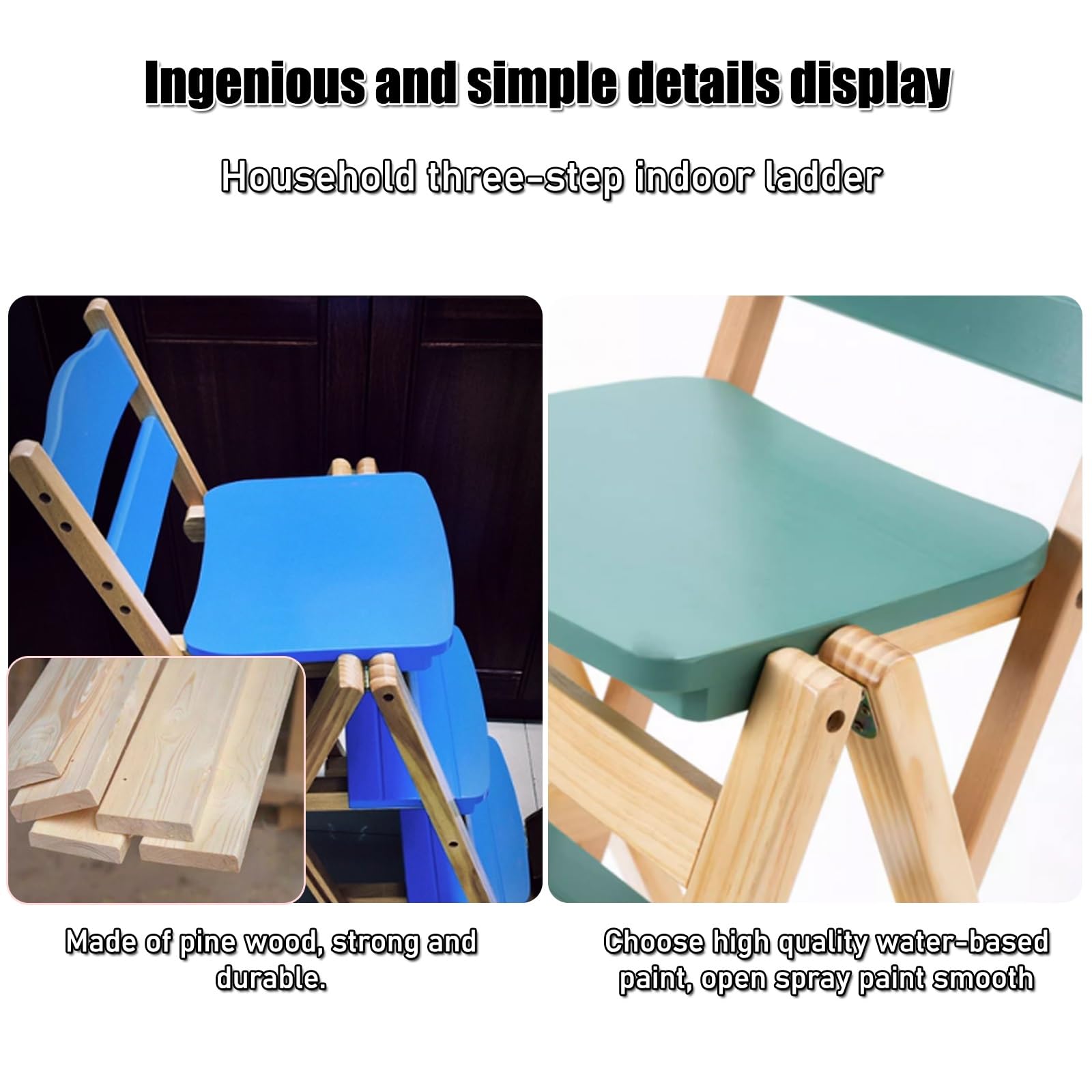 Sgabello da Bar Pieghevole in Legno massello, Alto, Stile retrò, con gradini, per Cucina, Multifunzionale, con Scala a 3 gradini in Legno, Decorativo, Portatile, Pieghevole e con ripiano por