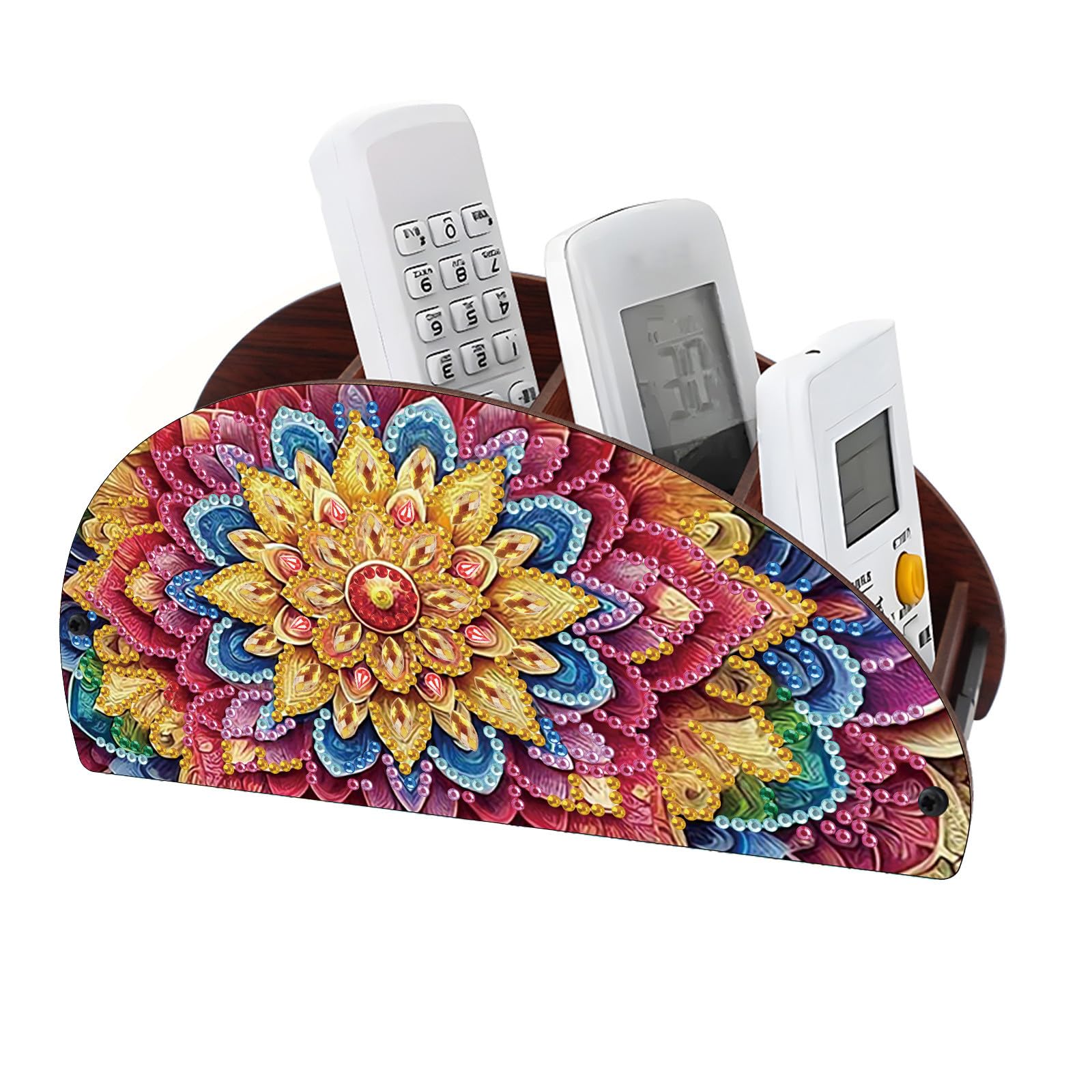 CXINLky Diamond Art Painting Remote Control Holder, Diamond Art Desktop Storage Box Made of Wood, Cosmetic Storage Box Organizer with 4 Compartments-06-Mandala