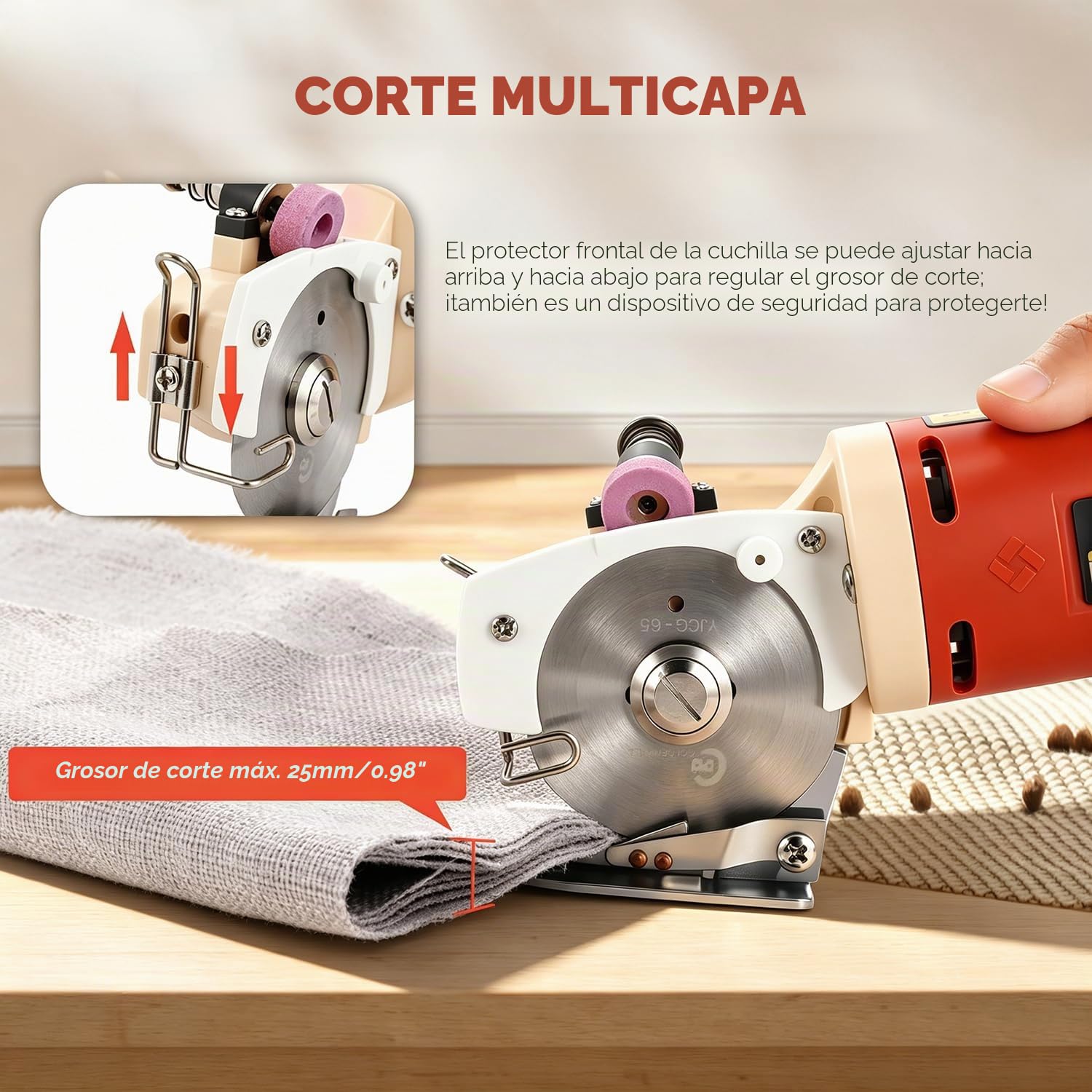 CGOLDENWALL YJ-65 Cortador de Tela Eléctrico con 22mm de Espesor Máx. de Corte, Tamaño de la Cuchilla 65mm, con Función de Afilado Automático, Ideal para Cortar Textil/Cuero/Alfombra