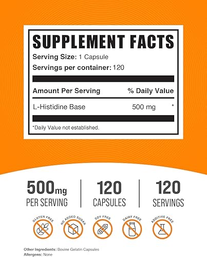Miniatura 2 de BulkSupplements. com Cápsulas de L-histidina - Base de L-histidina - Suplemento de histidina - L histidina 500 mg - Suplemento de apoyo inmunológico