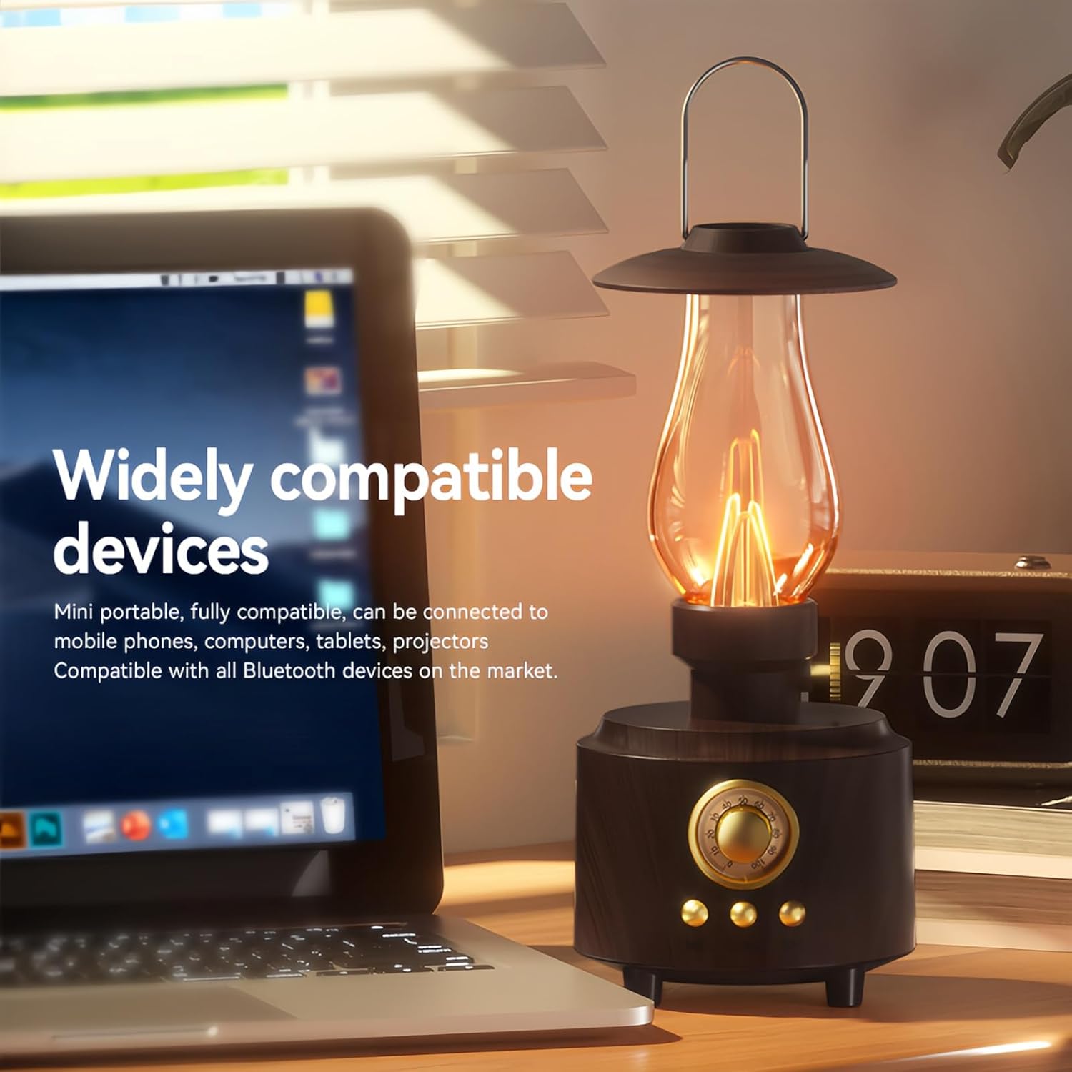 AVEKI Vintage Kerosene Table Lamp with Bluetooth Speaker, Infinitely Dimmable Rechargeable LED Lights for Bedroom, IPX4 Waterproof Bedside Lamps for Camping Party Holiday Home Decor Gift (Woodgrain)