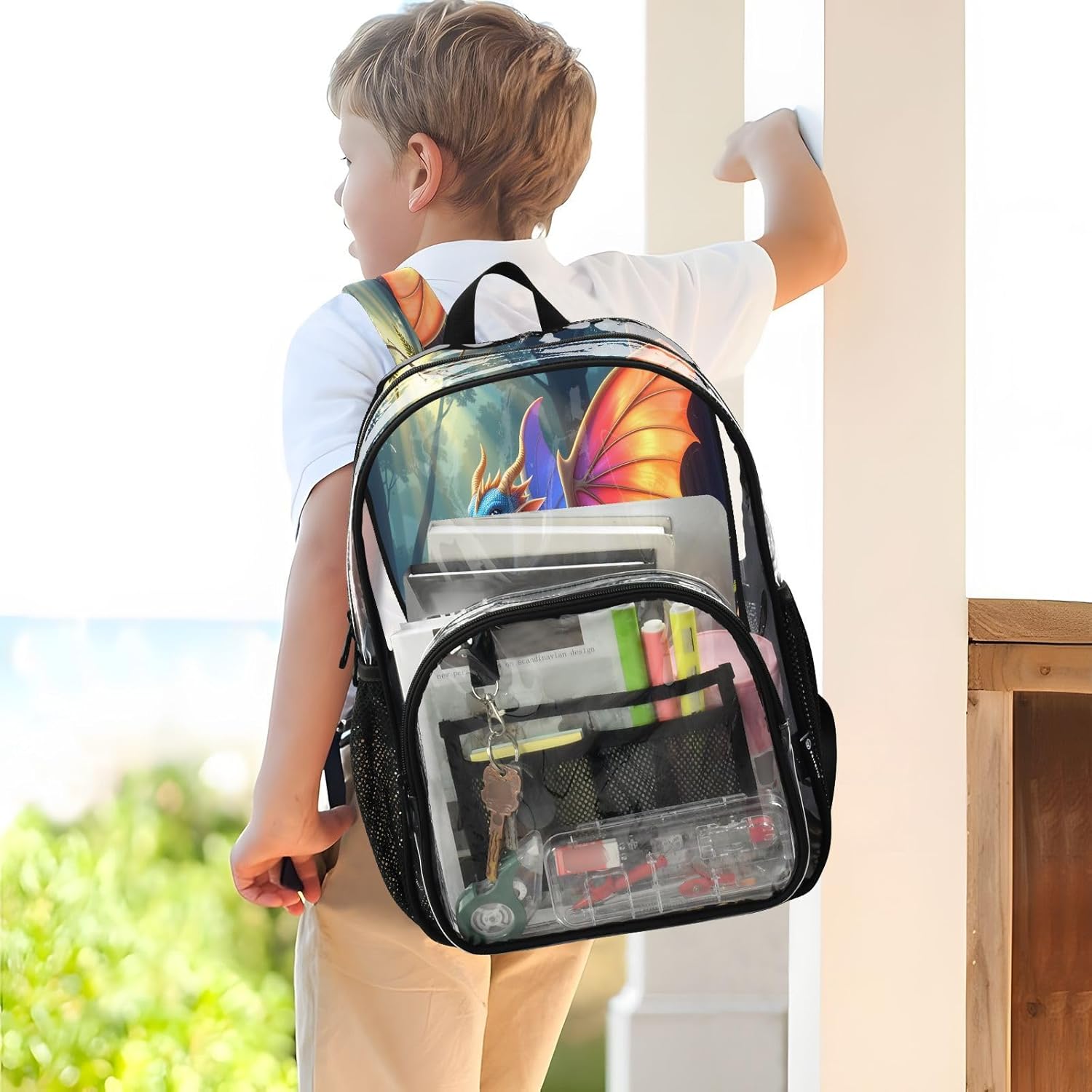 Dragon Wing Blossom Tree Clear Backpack Heavy Duty See Through Transparent PVC BookBag for Kids Boy Girl School Work